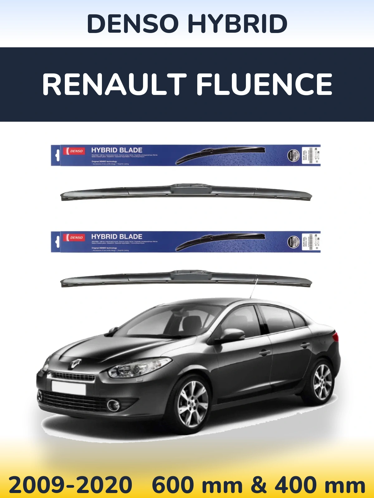 Front wiper blade set Denso Hybrid 600 & 400 mm for Renault Fluence 2009-2020