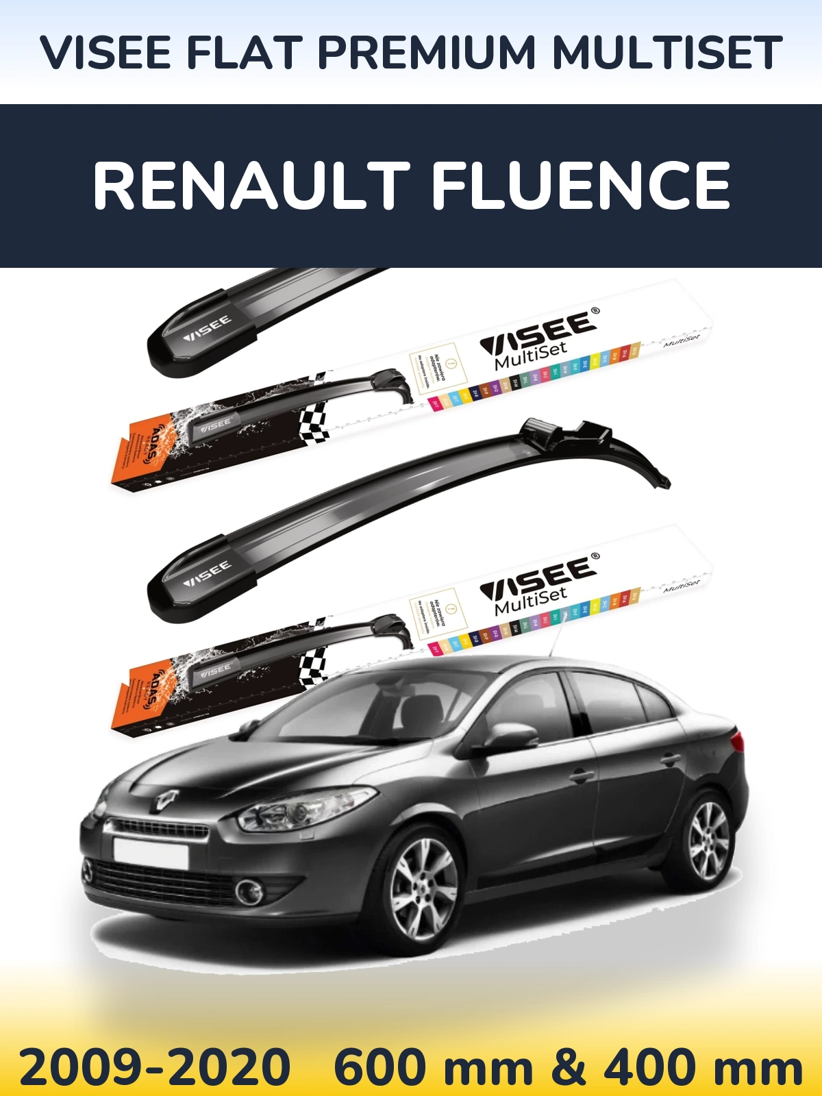 Комплект передніх щіток VISEE FLAT PREMIUM MultiSet 600 & 400 мм для Renault Fluence 2009-2020