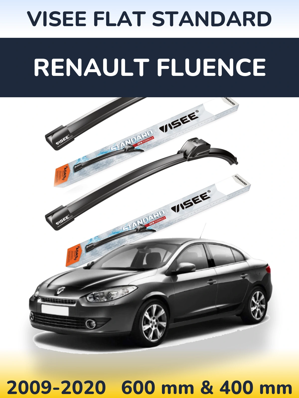 Комплект передних дворников VISEE FLAT STANDARD 600 & 400 мм для Renault Fluence 2009-2020