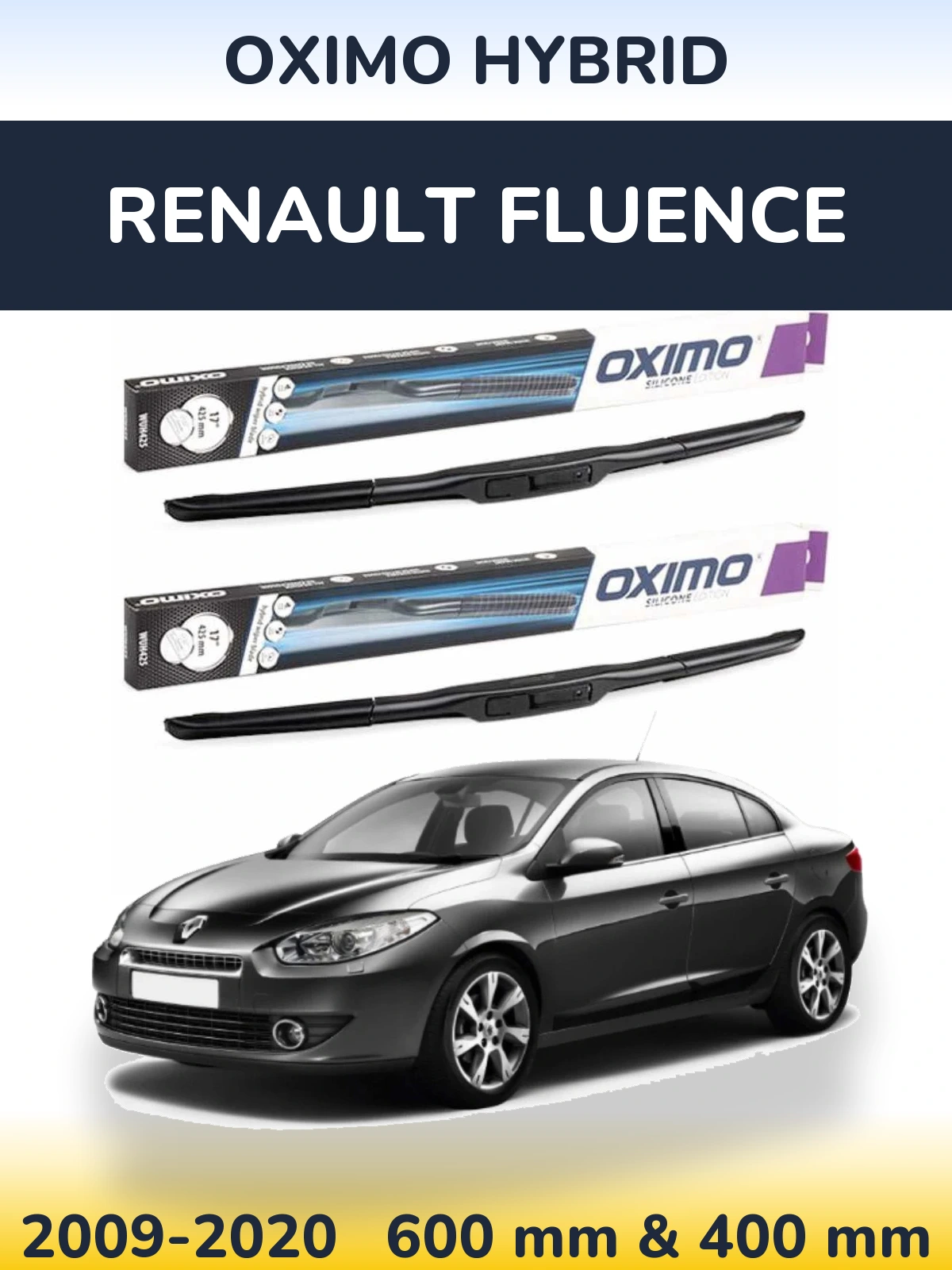 Front wiper blade set Oximo Hybrid 600 & 400 mm for Renault Fluence 2009-2020