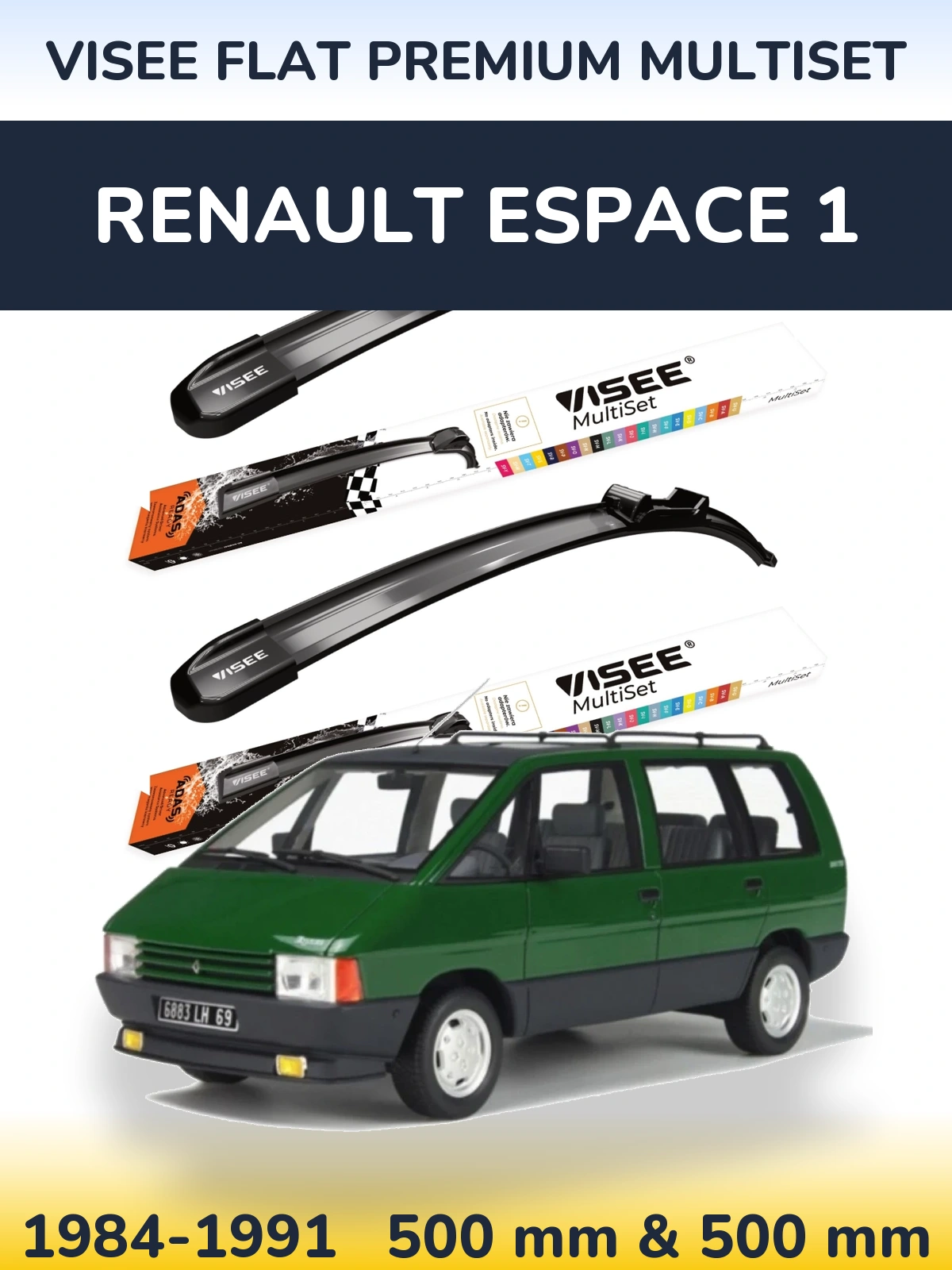 Front wiper blade set VISEE FLAT PREMIUM MultiSet 500 & 500 mm for Renault Espace 1 1984-1991