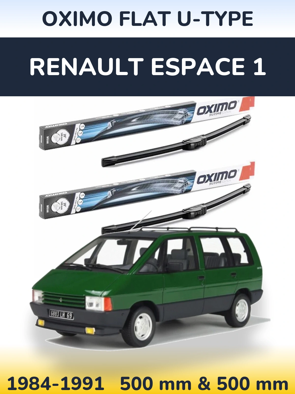 Front wiper blade set Oximo Flat U-type 500 & 500 mm for Renault Espace 1 1984-1991