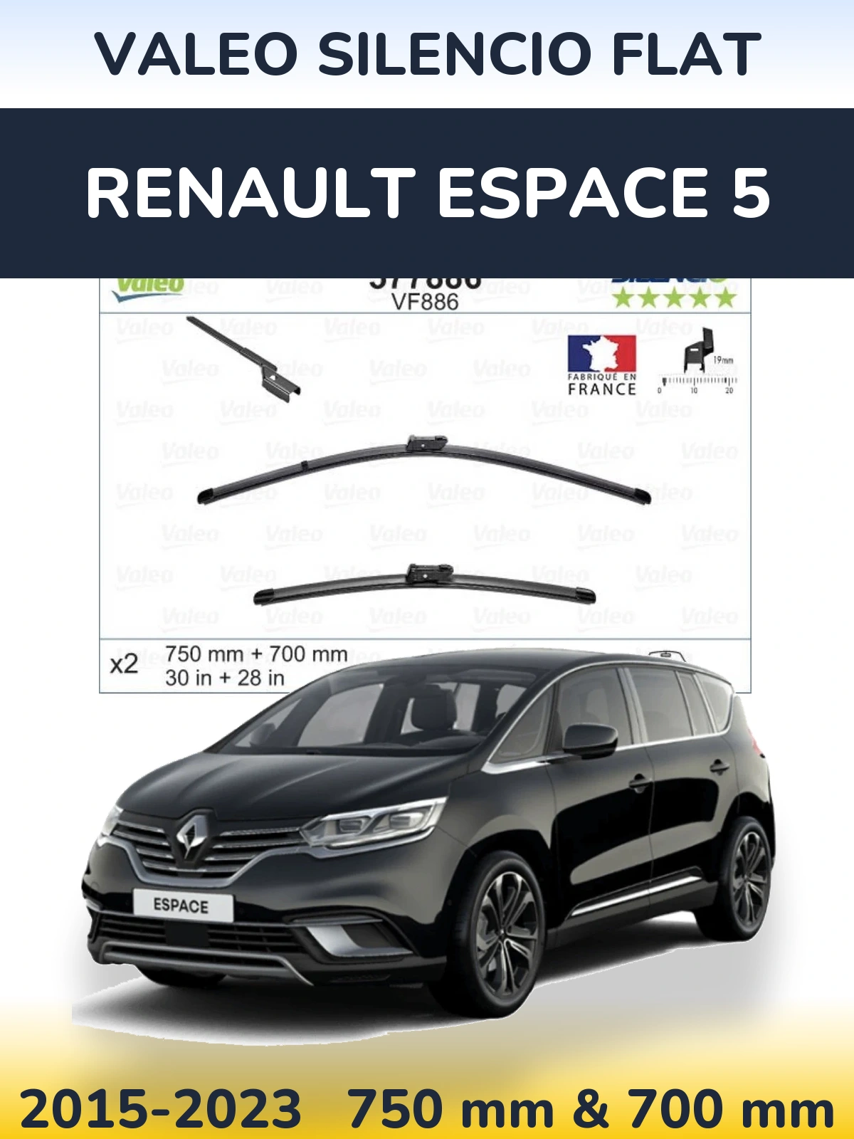 Komplet przednich wycieraczek Valeo Silencio Flat 750 & 700 mm do Renault Espace 5 2015-2023