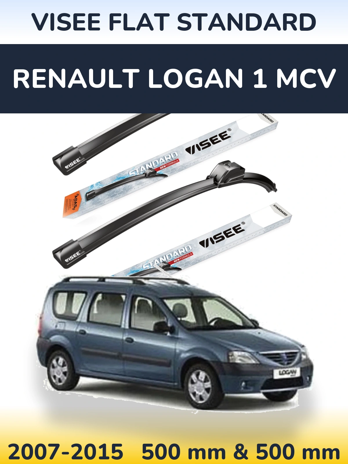 Komplet przednich wycieraczek VISEE FLAT STANDARD 500 & 500 mm do Renault Logan 1 MCV 2007-2015