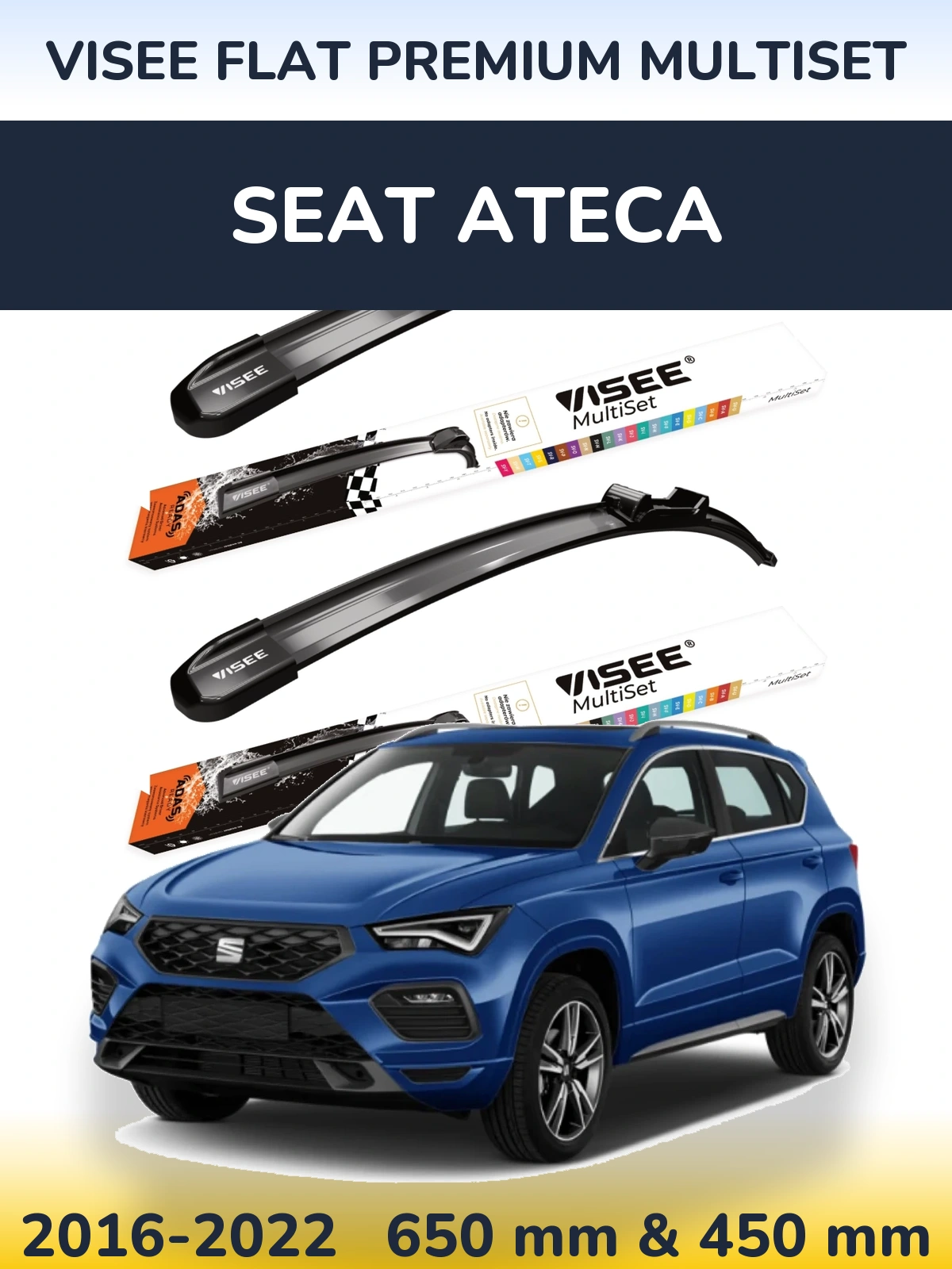 Front wiper blade set VISEE FLAT PREMIUM MultiSet 650 & 450 mm for SEAT Ateca 2016-2022
