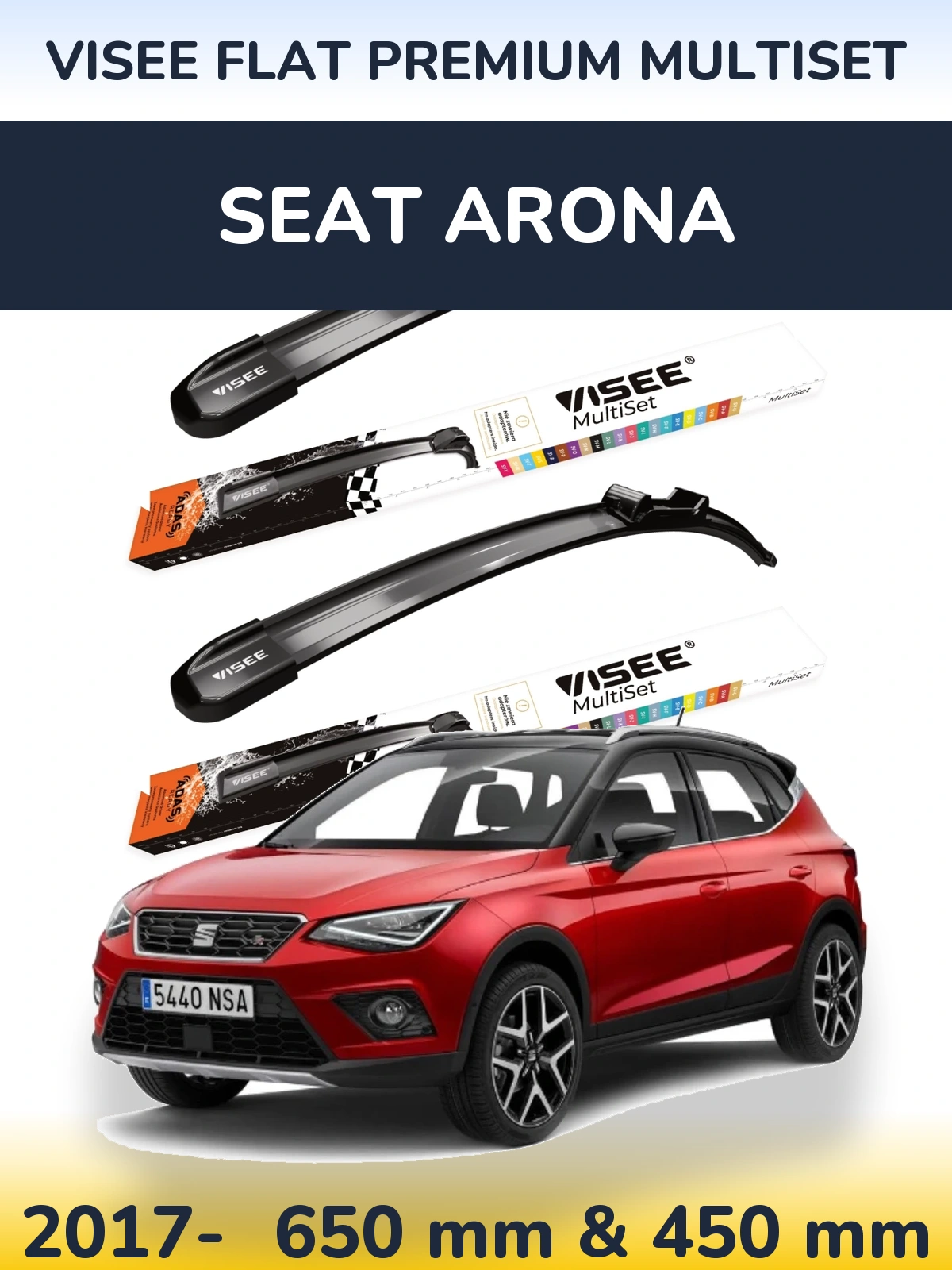 Komplet przednich wycieraczek VISEE FLAT PREMIUM MultiSet 650 & 450 mm do SEAT Arona 2017-2026