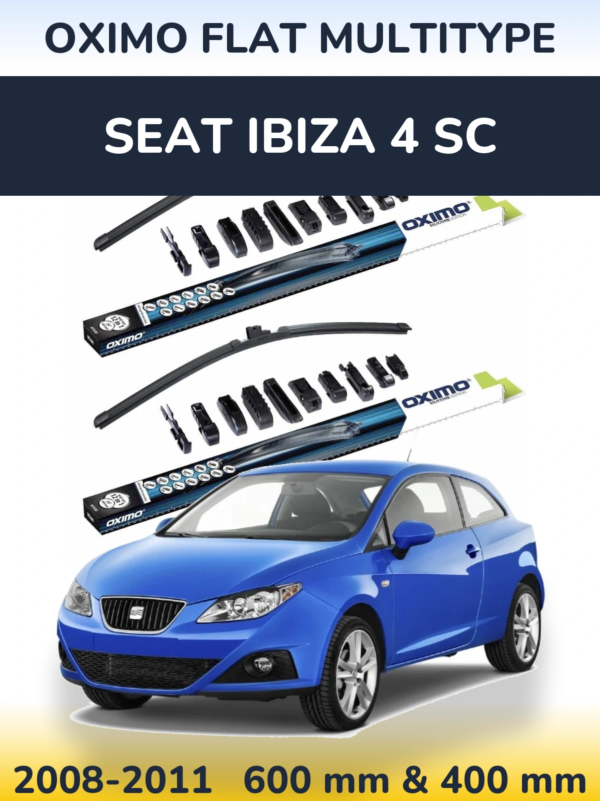 Front wiper blade set Oximo Flat MultiTypee 600 & 400 mm for SEAT Ibiza 4 SC 2008-2011