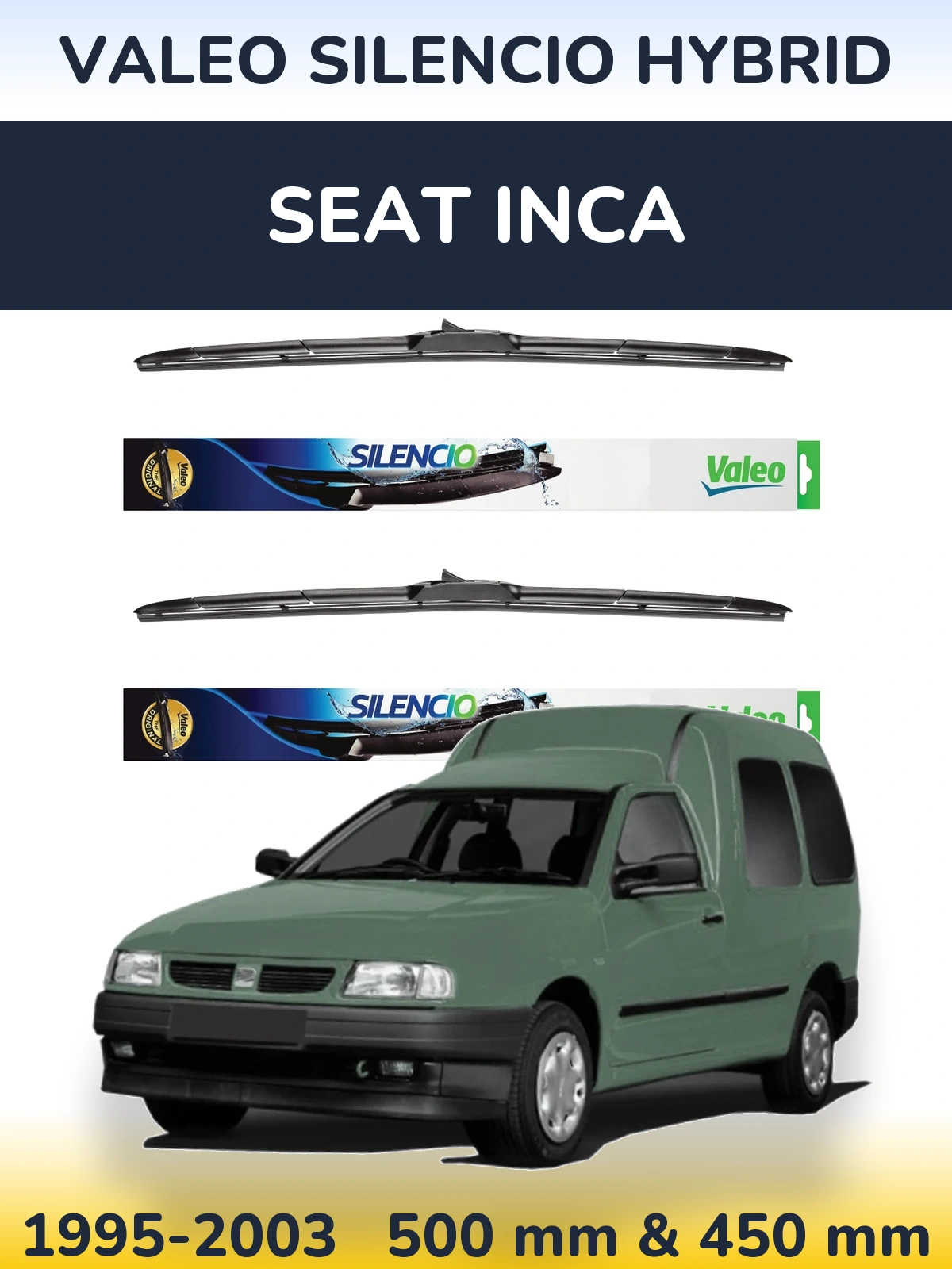Komplet przednich wycieraczek Valeo Silencio Hybrid 500 & 450 mm do SEAT Inca 1995-2003