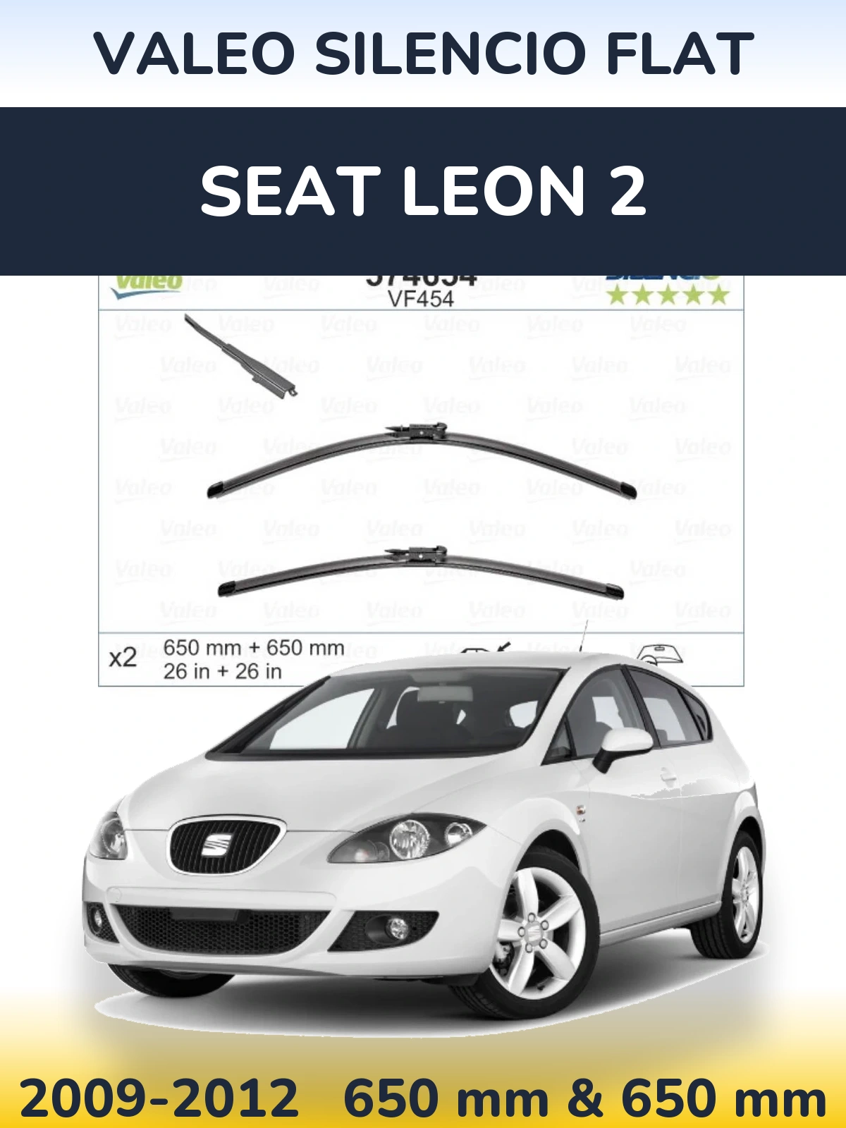 Front wiper blade set Valeo Silencio Flat 650 & 650 mm for SEAT Leon 2 2009-2012