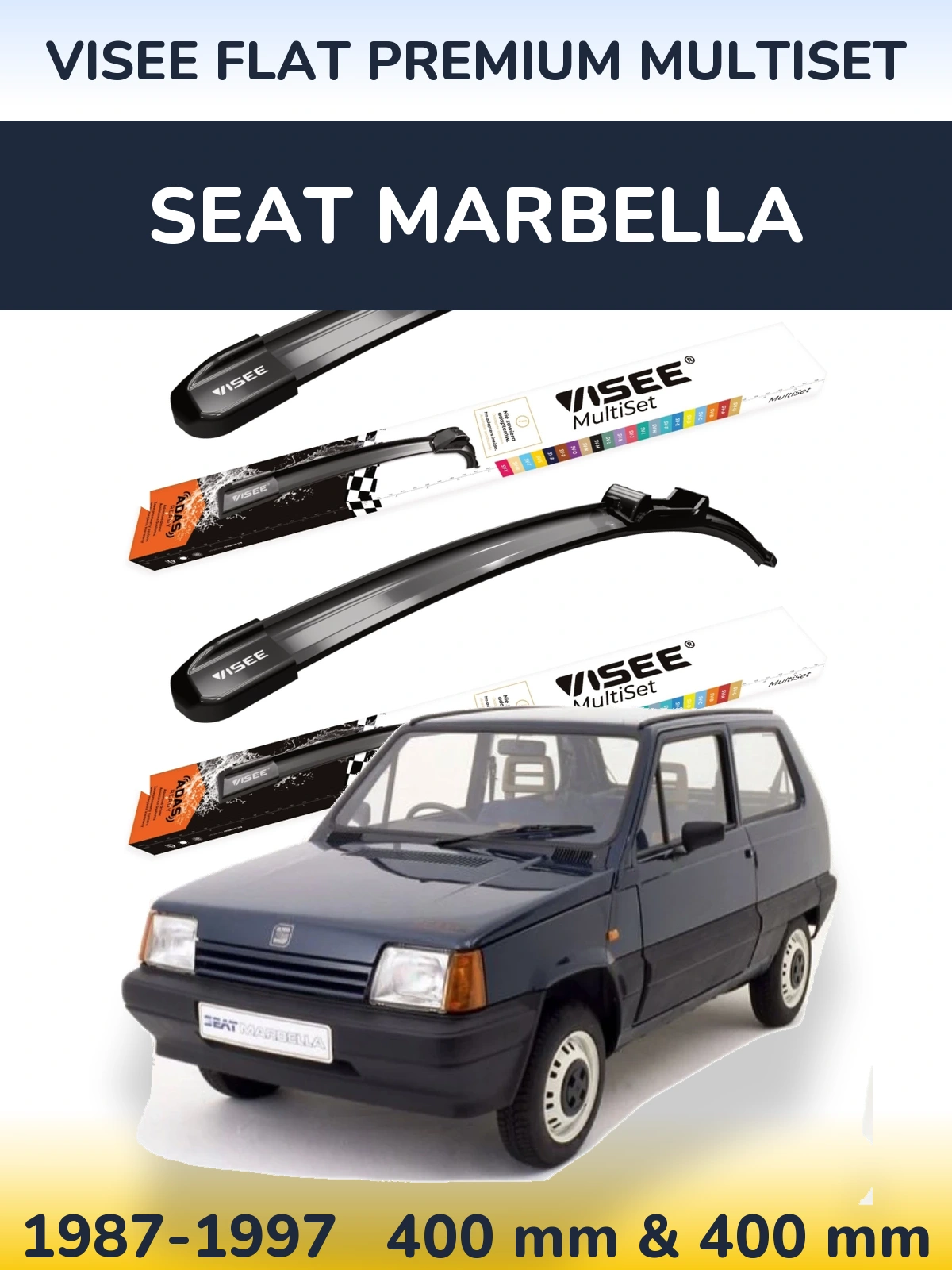 Front wiper blade set VISEE FLAT PREMIUM MultiSet 400 & 400 mm for SEAT Marbella 1987-1997
