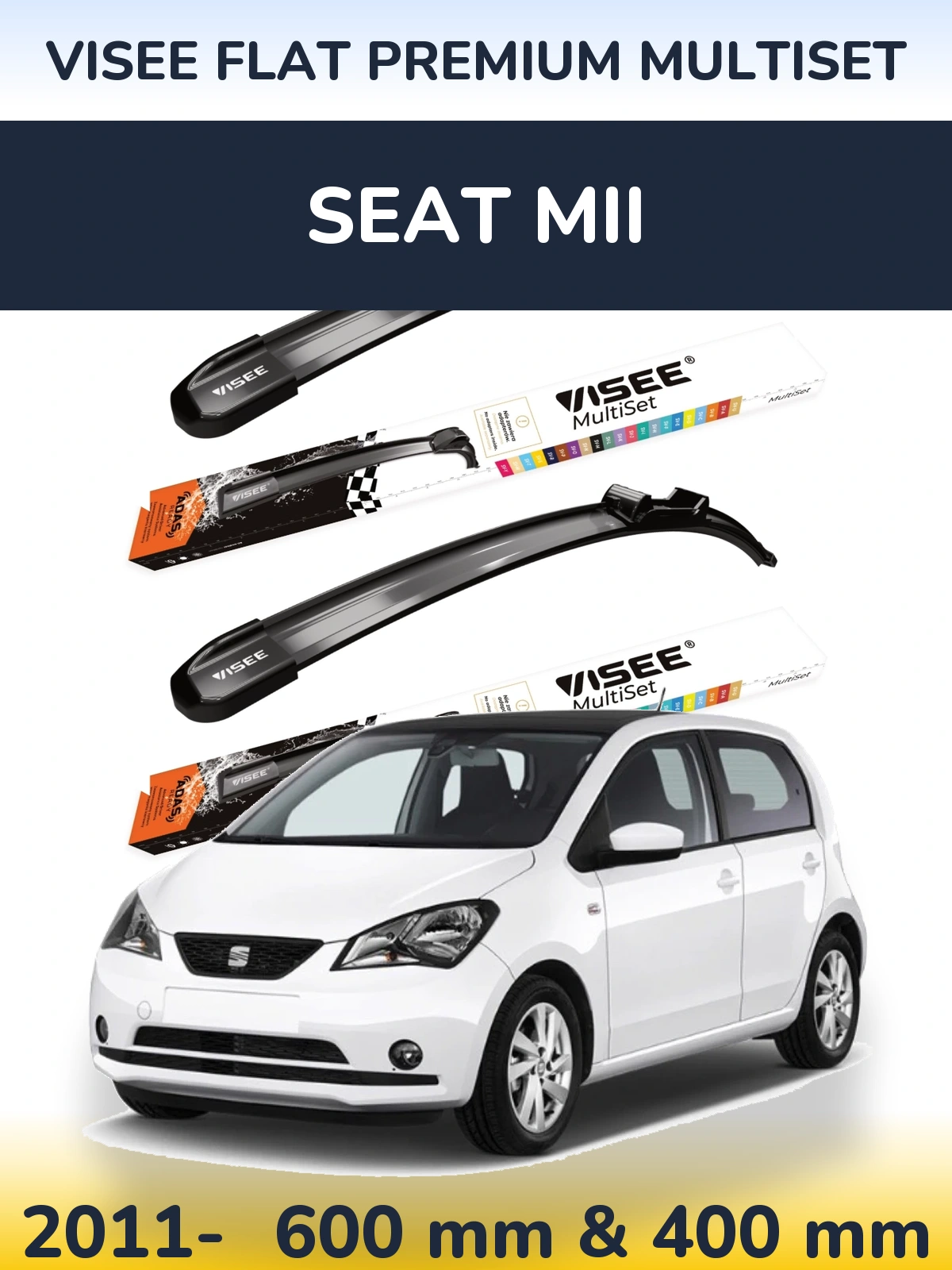 Front wiper blade set VISEE FLAT PREMIUM MultiSet 600 & 400 mm for SEAT Mii 2011-2026