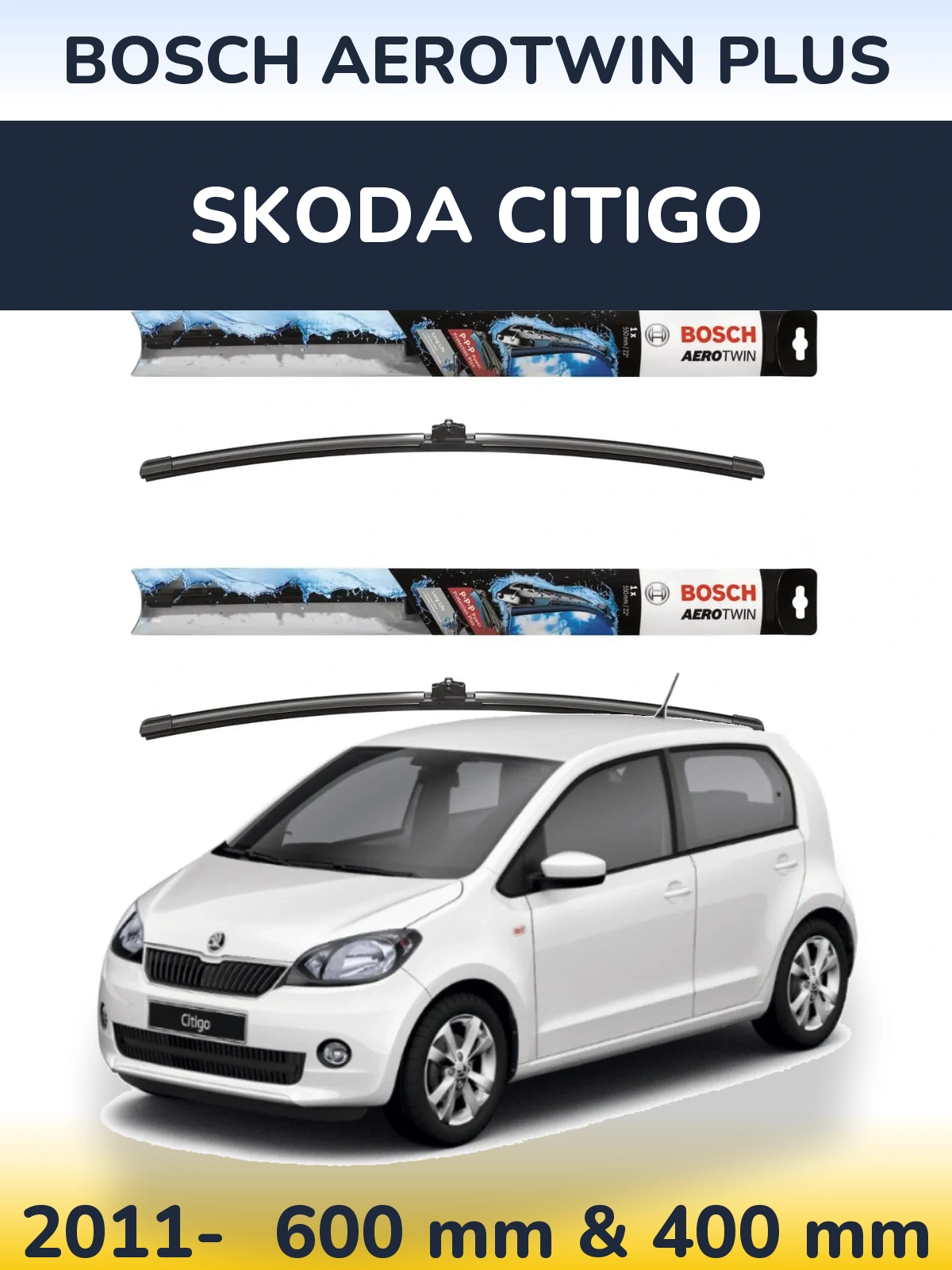 Комплект передних дворников BOSCH AeroTwin Plus 600 & 400 мм для Skoda Citigo 2011-2026