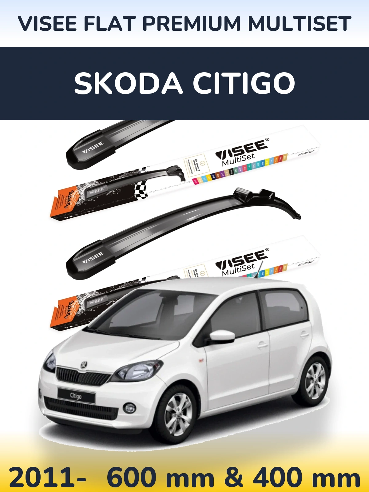 Komplet przednich wycieraczek VISEE FLAT PREMIUM MultiSet 600 & 400 mm do Skoda Citigo 2011-2026