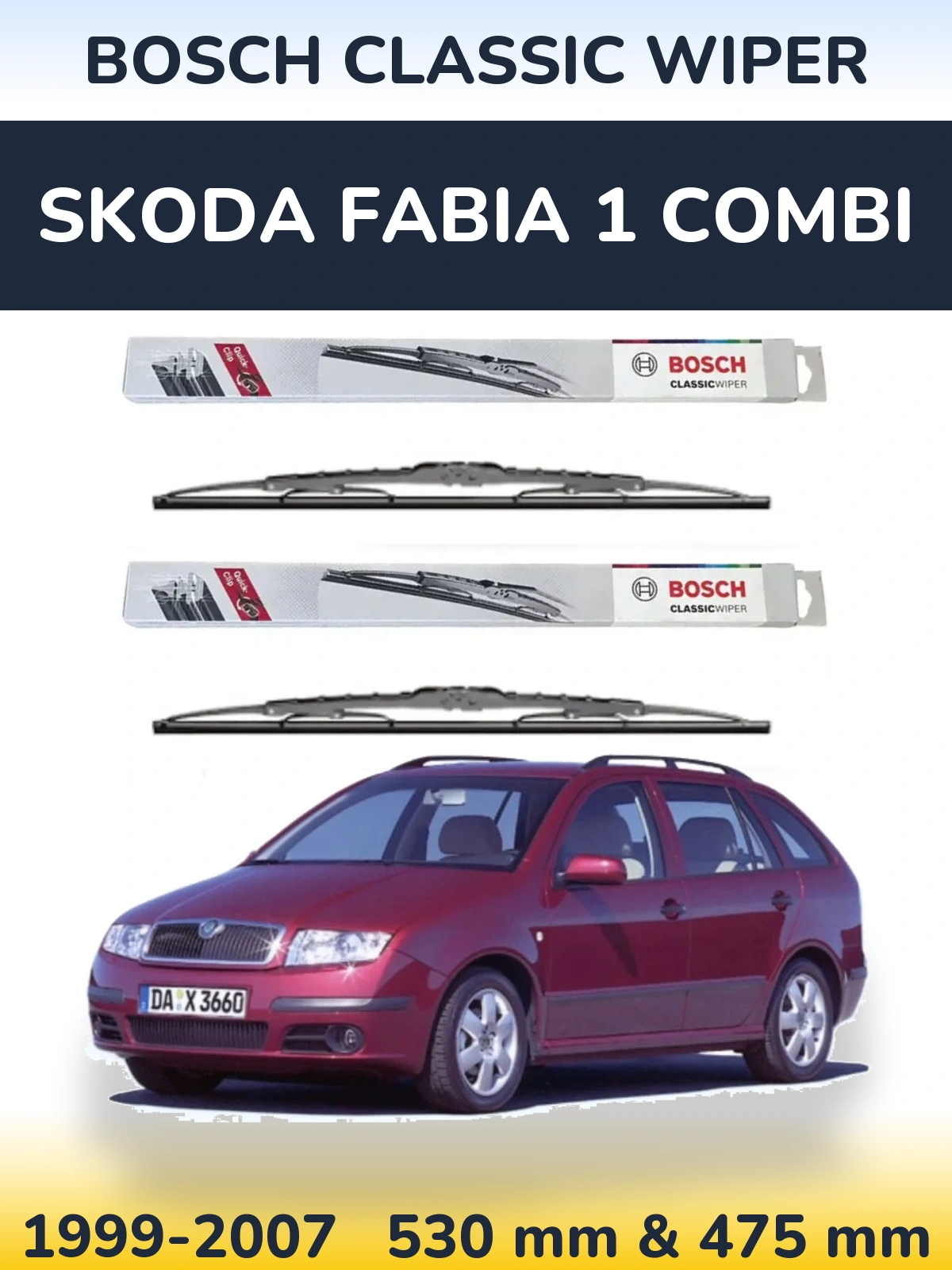 Комплект передних дворников BOSCH Classic Wiper 530 & 475 мм для Skoda Fabia 1 Combi 1999-2007