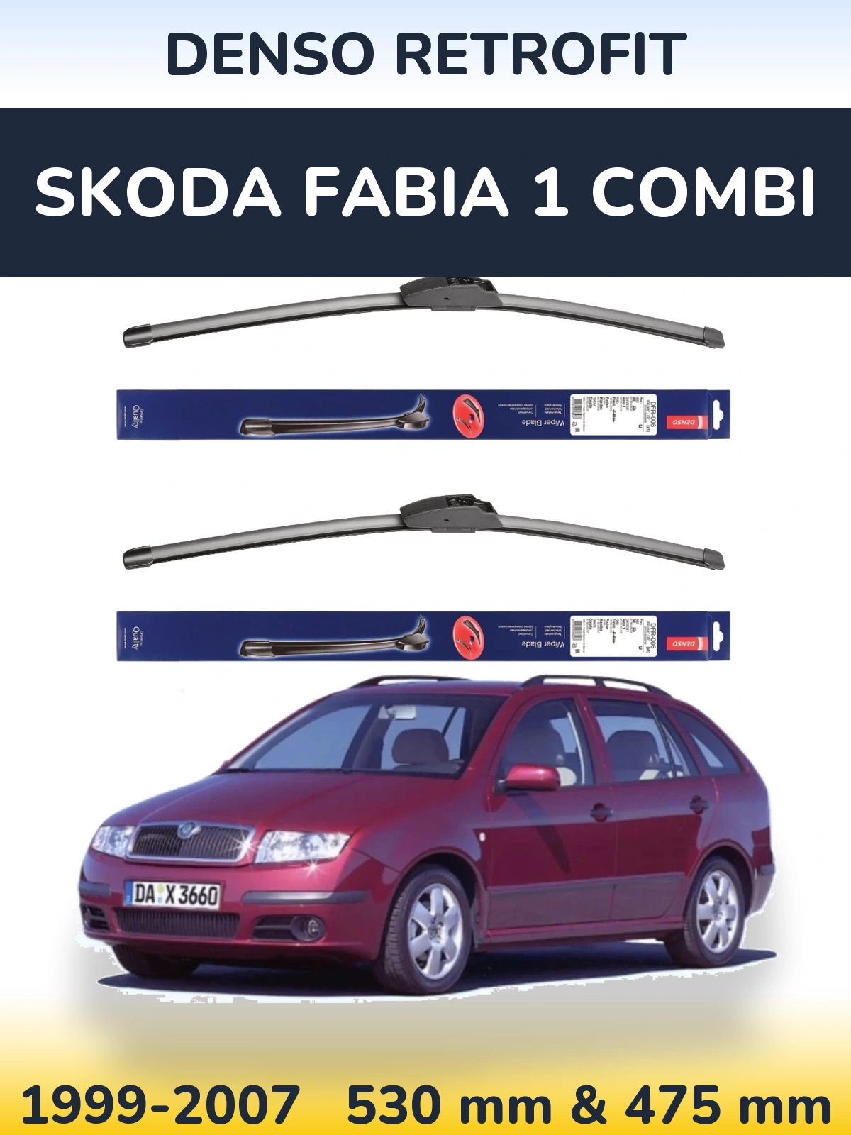 Komplet przednich wycieraczek Denso Retrofit 530 & 475 mm do Skoda Fabia 1 Combi 1999-2007