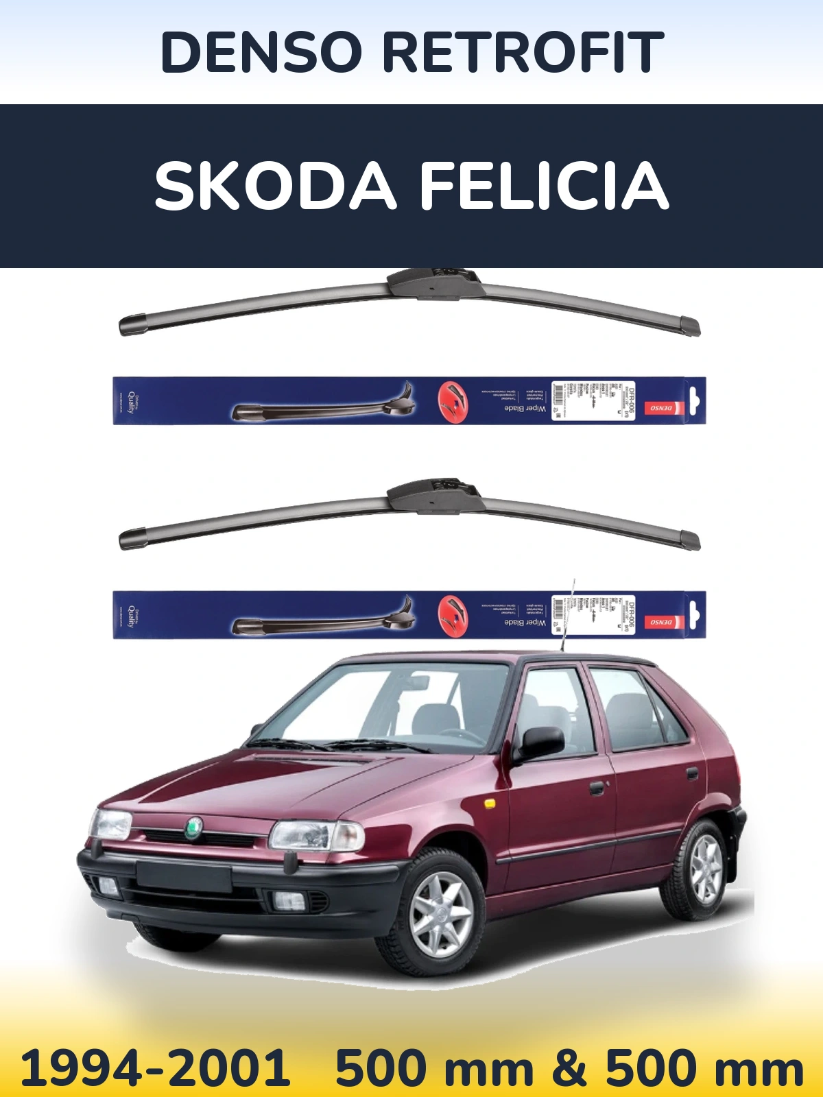 Komplet przednich wycieraczek Denso Retrofit 500 & 500 mm do Skoda Felicia 1994-2001