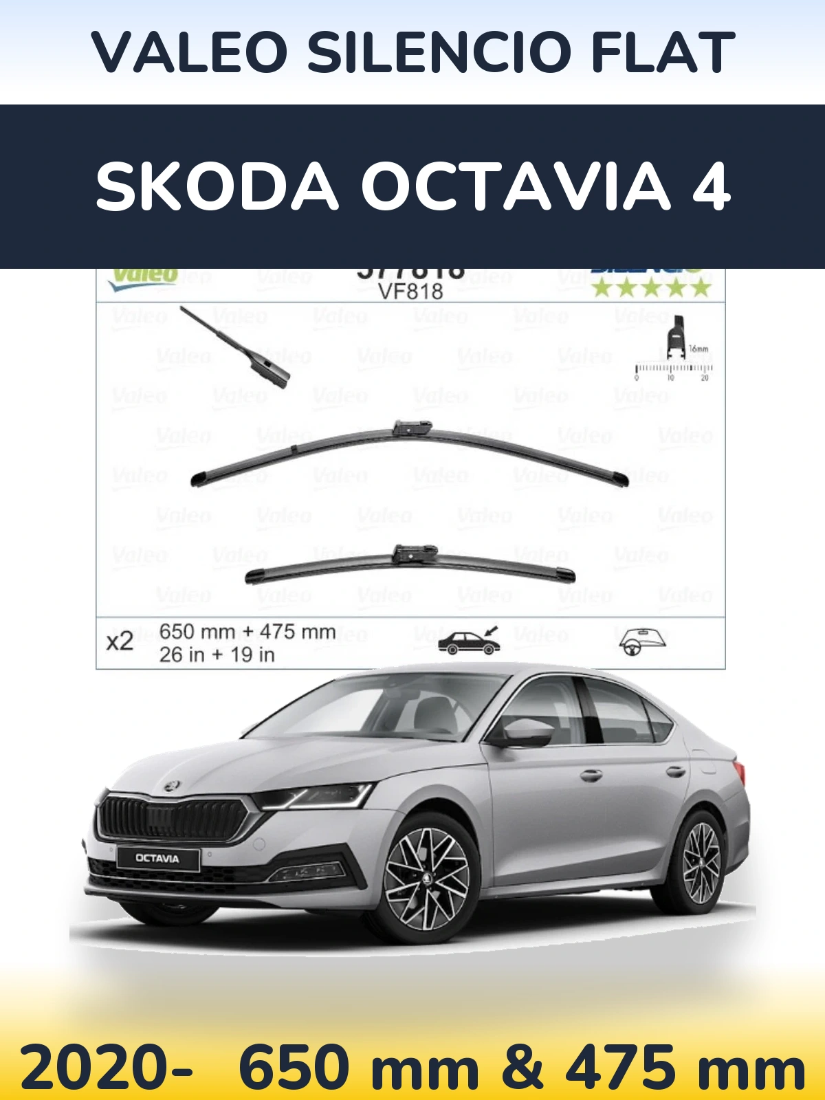 Komplet przednich wycieraczek Valeo Silencio Flat 650 & 475 mm do Skoda Octavia 4 2020-2026
