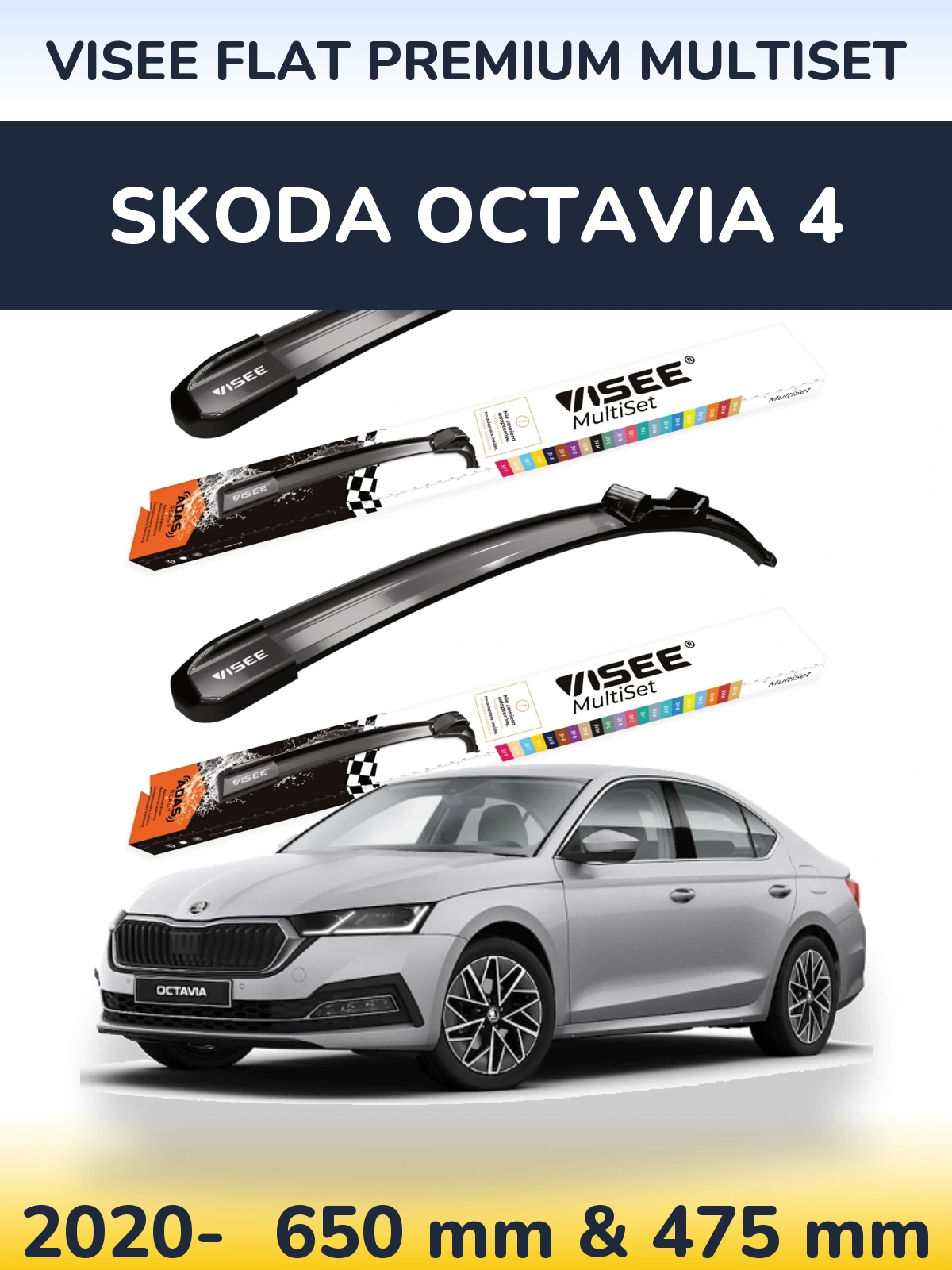 Komplet przednich wycieraczek VISEE FLAT PREMIUM MultiSet 650 & 475 mm do Skoda Octavia 4 2020-2026