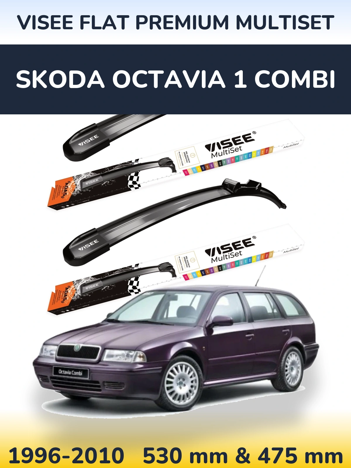 Komplet przednich wycieraczek VISEE FLAT PREMIUM MultiSet 530 & 475 mm do Skoda Octavia 1 Combi 1996-2010