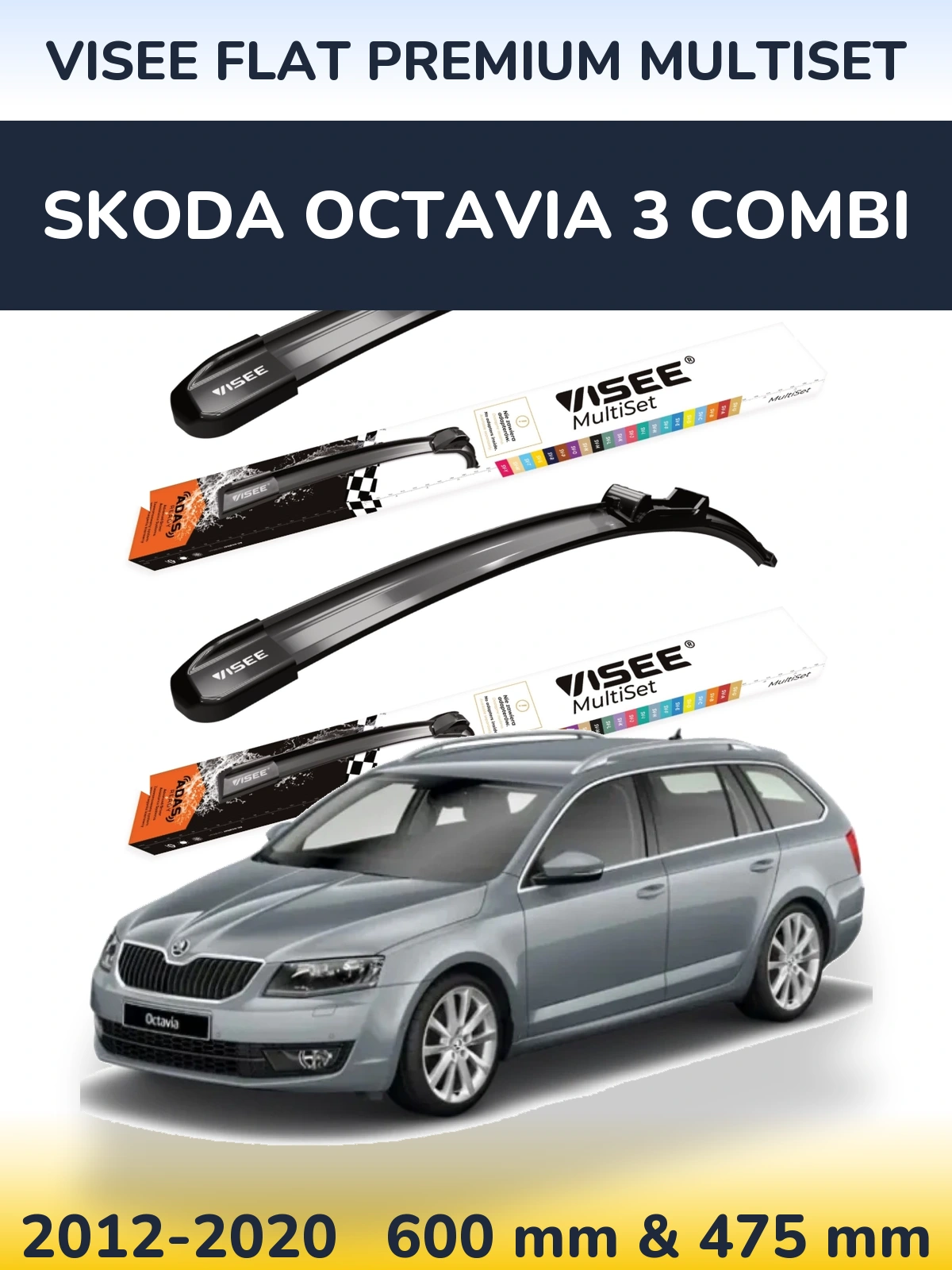 Komplet przednich wycieraczek VISEE FLAT PREMIUM MultiSet 600 & 475 mm do Skoda Octavia 3 Combi 2012-2020