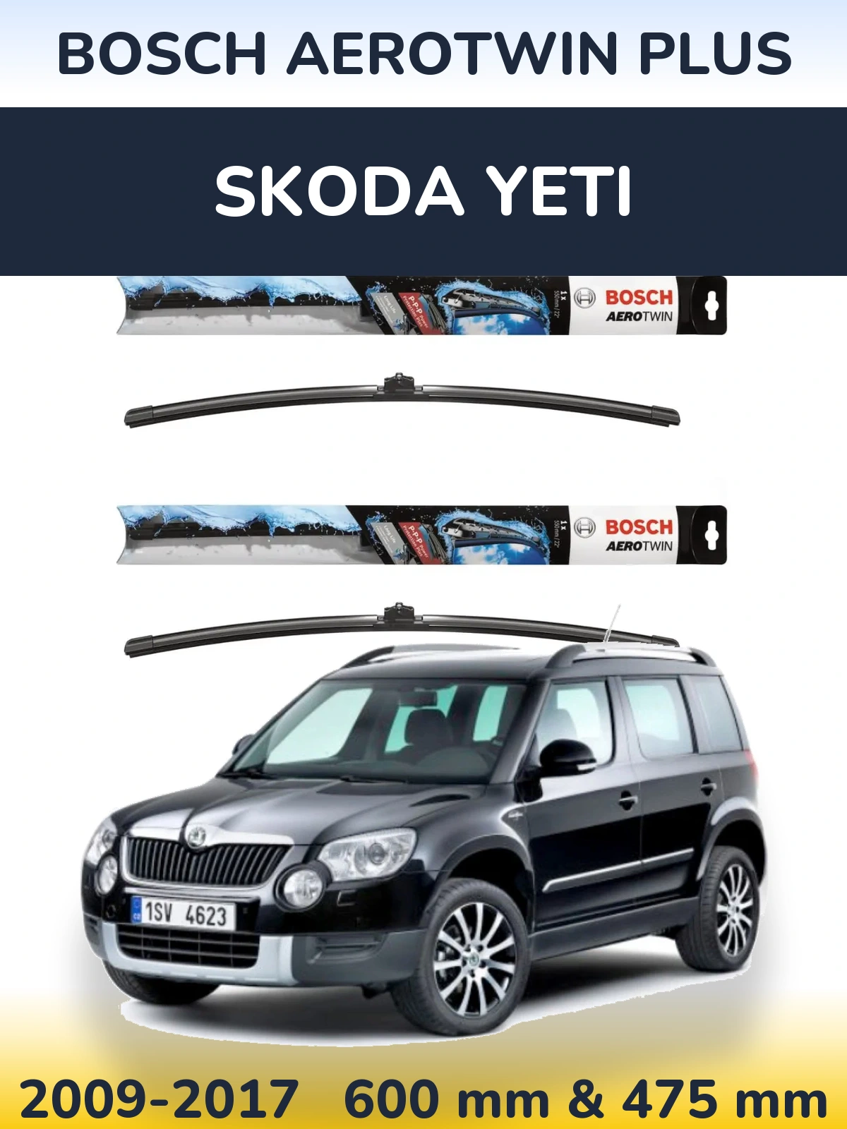 Комплект передних дворников BOSCH AeroTwin Plus 600 & 475 мм для Skoda Yeti 2009-2017