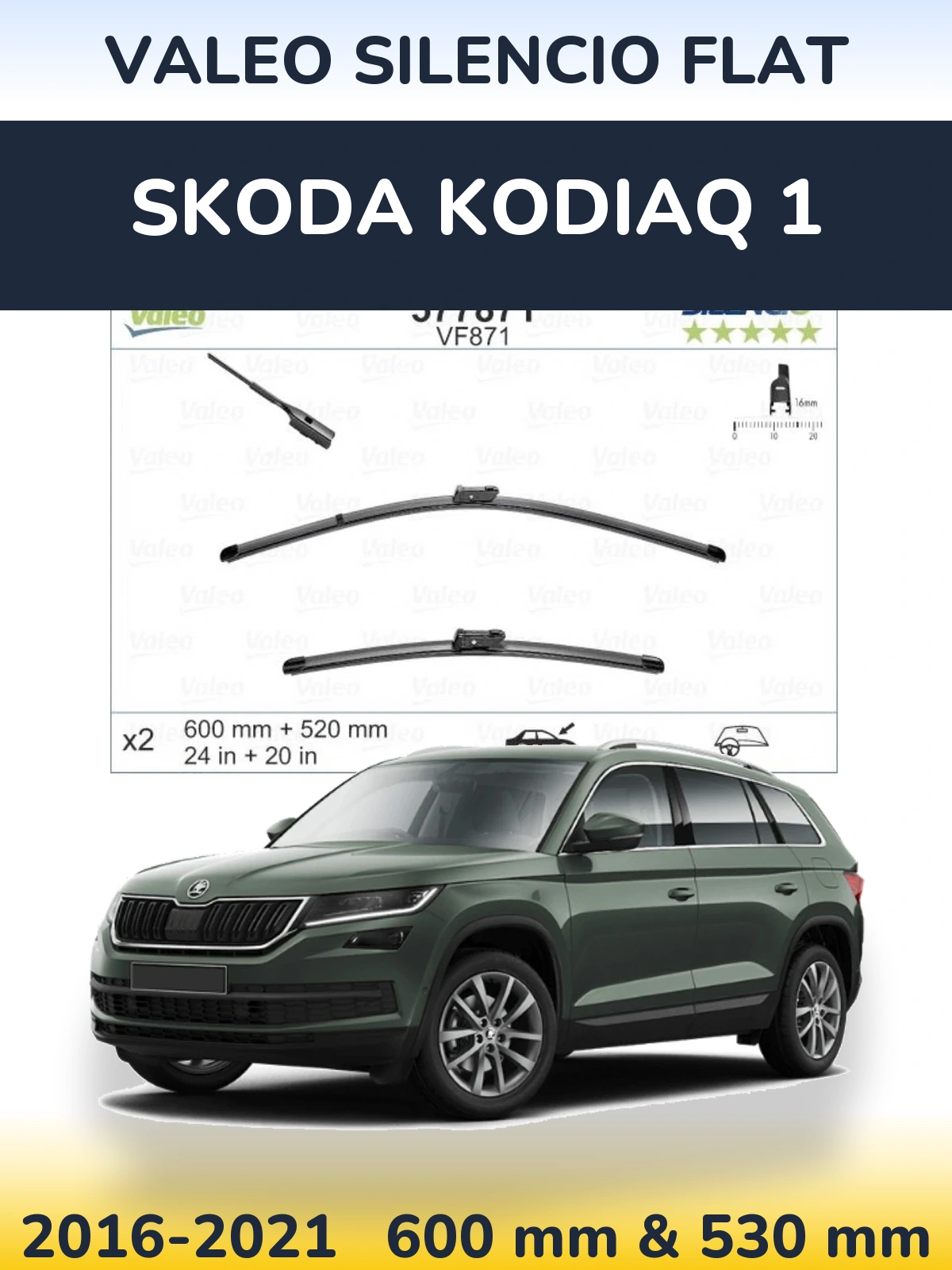 Комплект передних дворников Valeo Silencio Flat 600 & 520 мм для Skoda Kodiaq 1 2016-2021