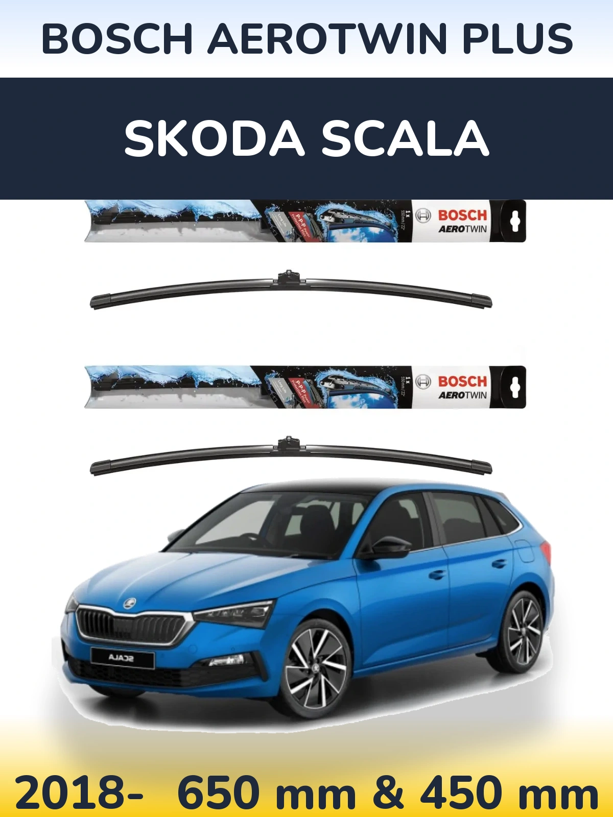 Front wiper blade set BOSCH AeroTwin Plus 650 & 450 mm for Skoda Scala 2018-2026