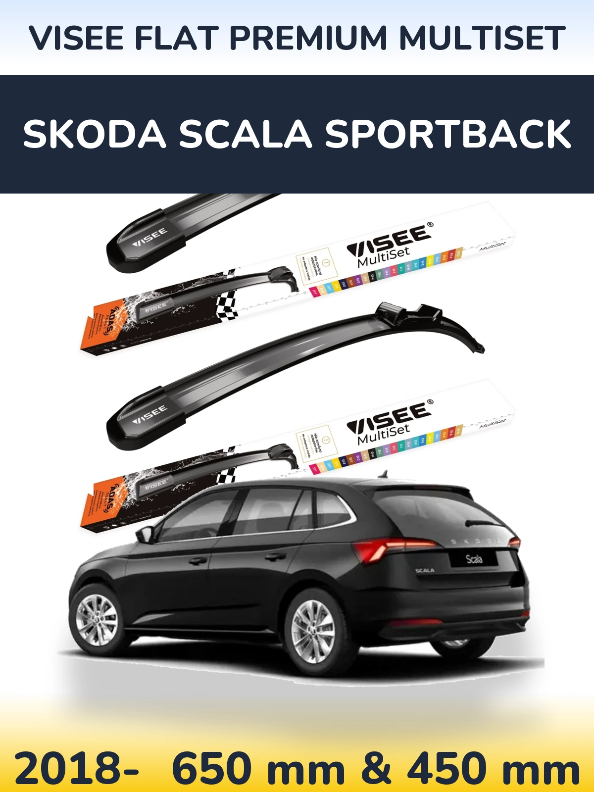 Комплект передних дворников VISEE FLAT PREMIUM MultiSet 650 & 450 мм для Skoda Scala Sportback 2018-2026