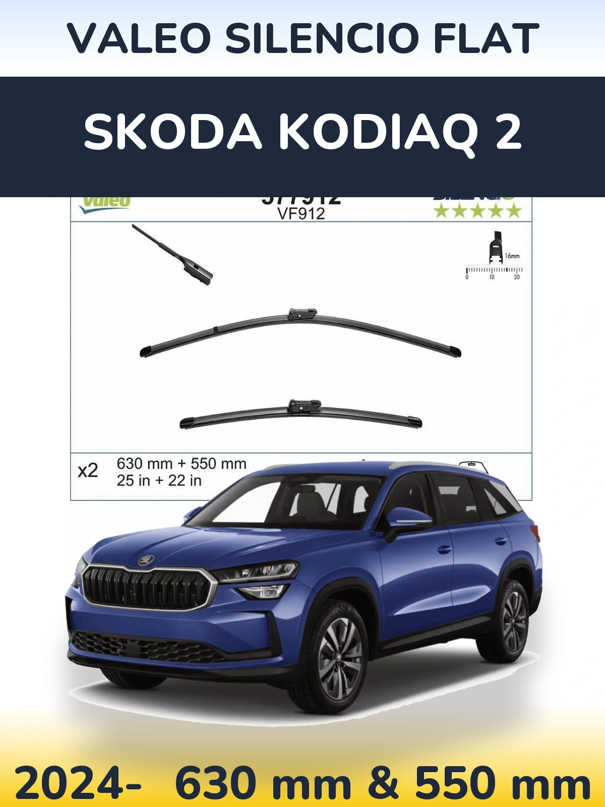 Комплект передних дворников Valeo Silencio Flat 630 & 550 мм для Skoda Kodiaq 2 2024-2026