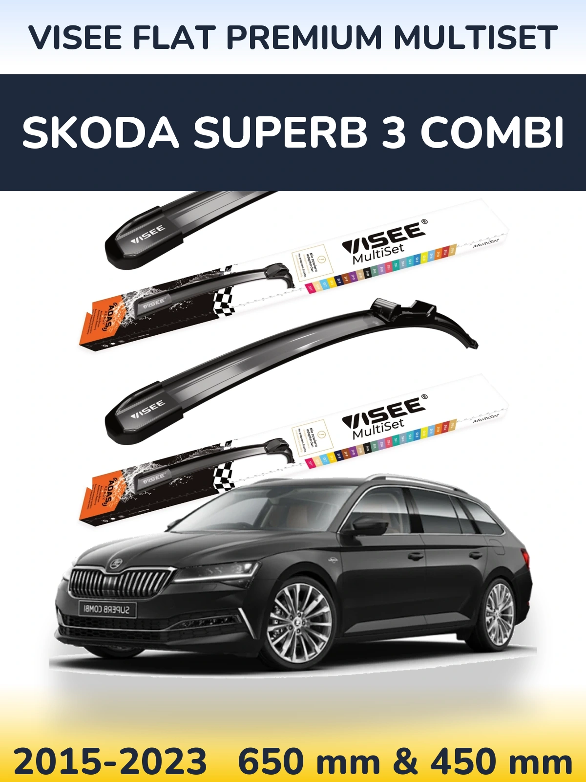 Komplet przednich wycieraczek VISEE FLAT PREMIUM MultiSet 650 & 450 mm do Skoda Superb 3 Combi 2015-2023