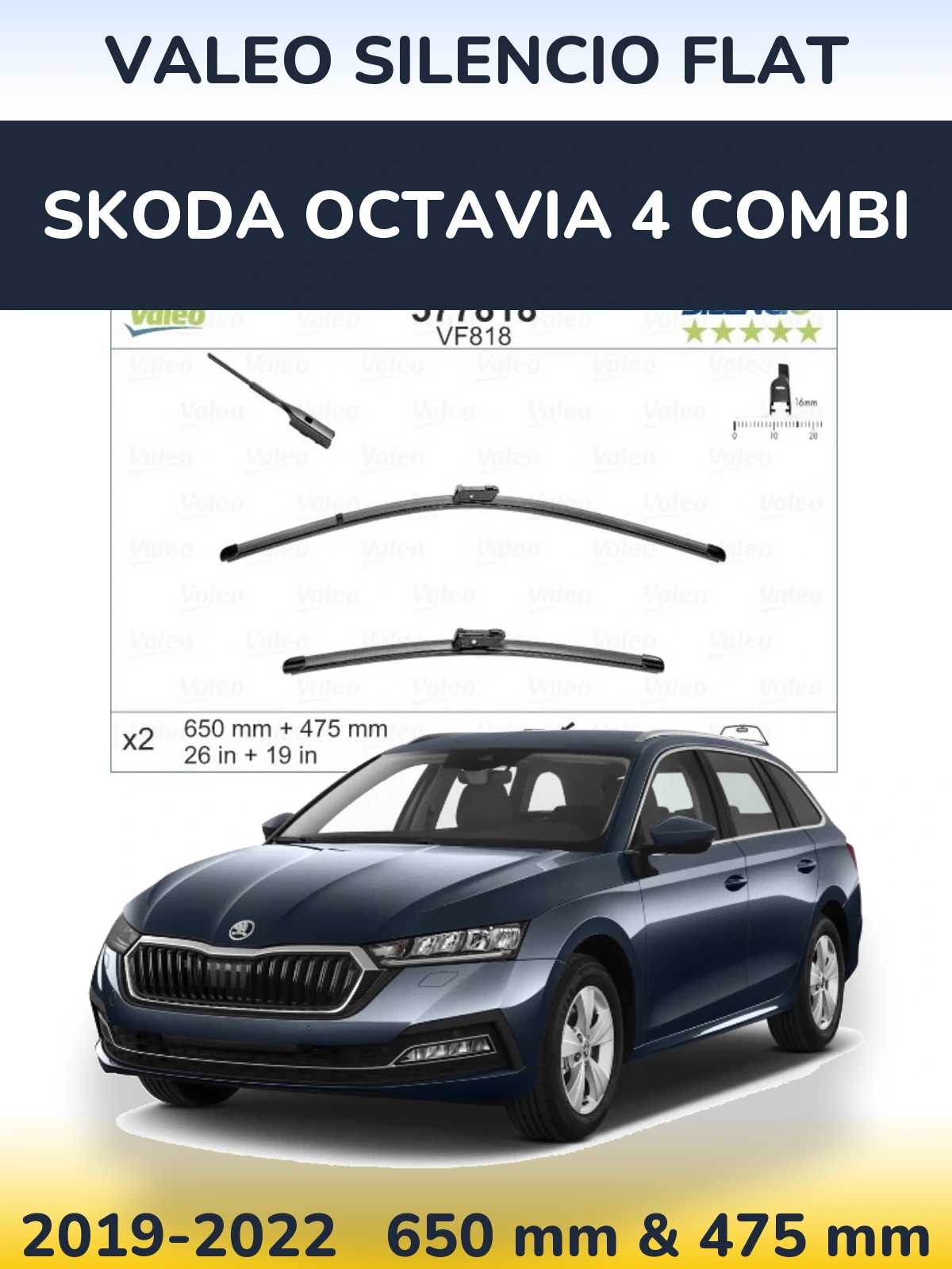 Комплект передних дворников Valeo Silencio Flat 650 & 475 мм для Skoda Octavia 4 Combi 2019-2022