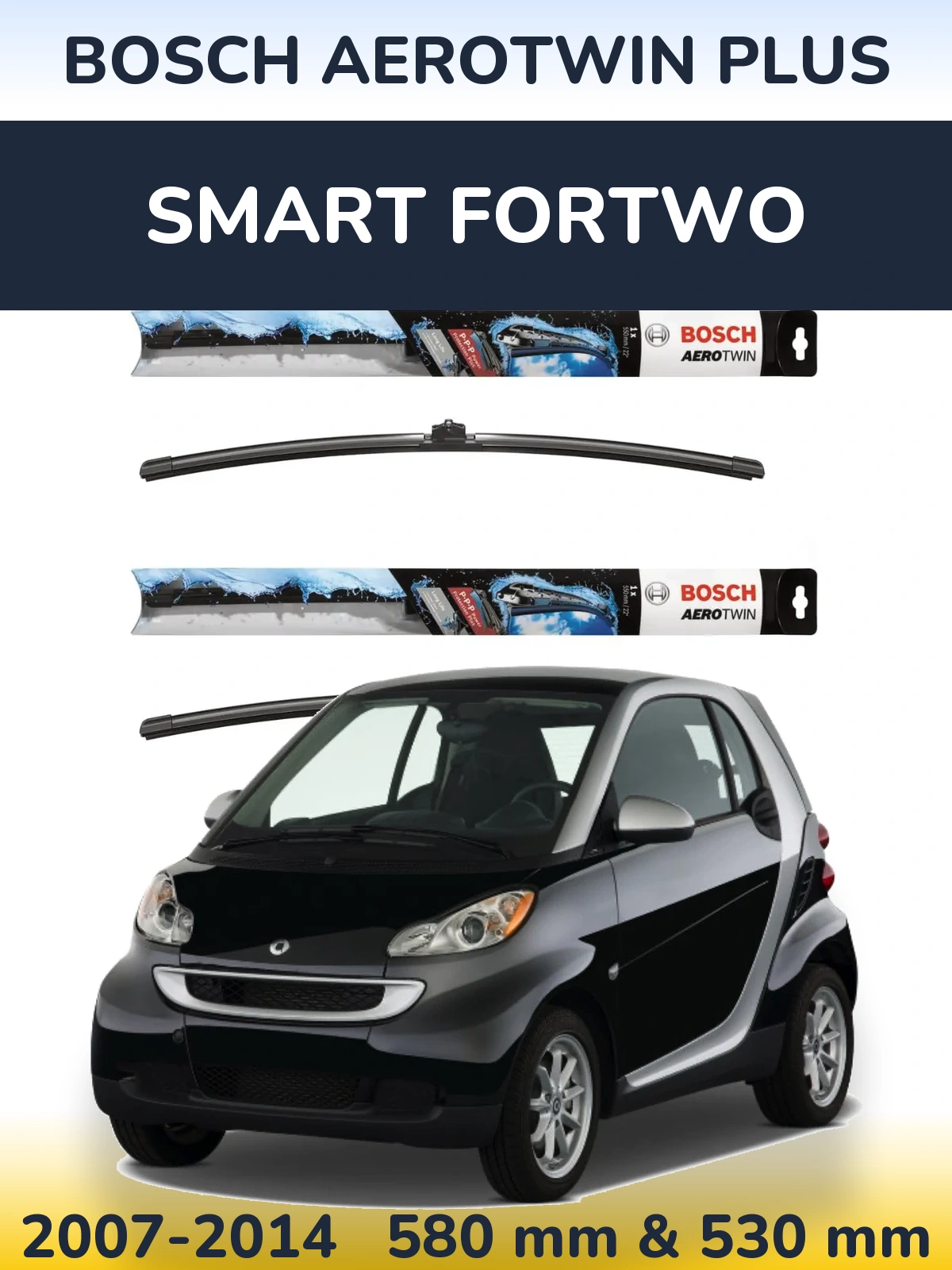 Komplet przednich wycieraczek BOSCH AeroTwin Plus 580 & 530 mm do Smart Fortwo 2007-2014