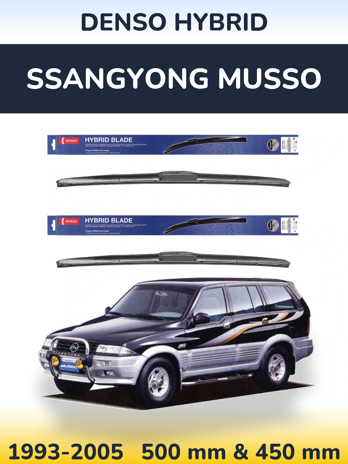 Komplet przednich wycieraczek Denso Hybrid 500 & 450 mm do SsangYong Musso 1993-2005