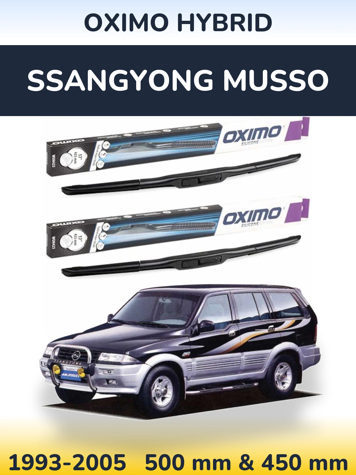Комплект передних дворников Oximo Hybrid 500 & 450 мм для SsangYong Musso 1993-2005