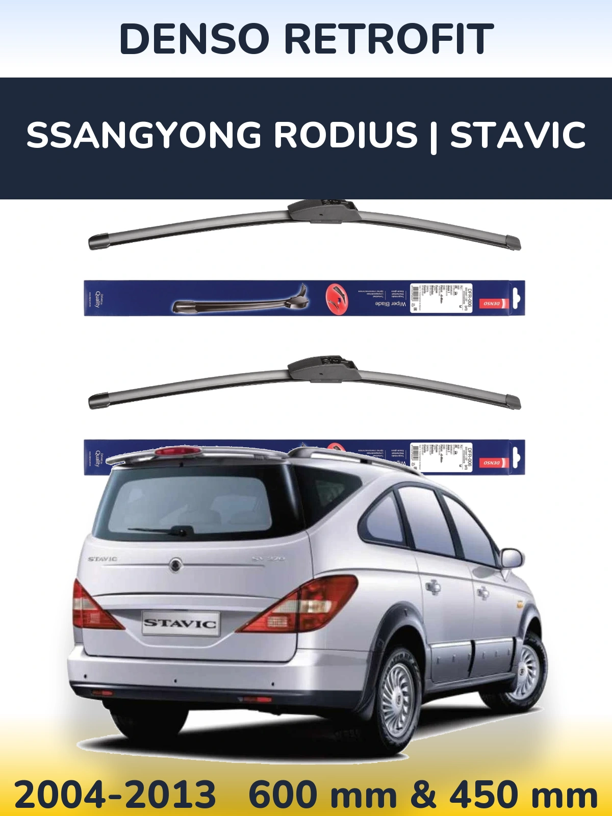 Front wiper blade set Denso Retrofit 600 & 450 mm for SsangYong Rodius | Stavic 2004-2013
