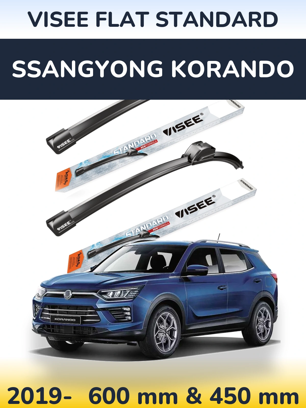 Front wiper blade set VISEE FLAT STANDARD 600 & 450 mm for SsangYong Korando 2019-2026