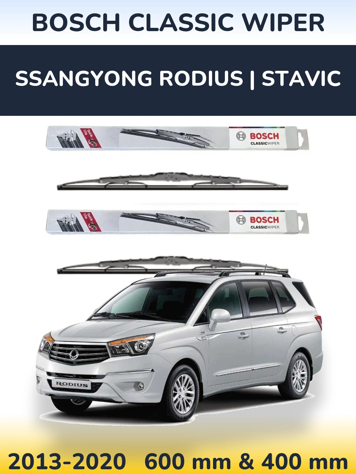 Комплект передних дворников BOSCH Classic Wiper 600 & 400 мм для SsangYong Rodius | Stavic 2013-2020