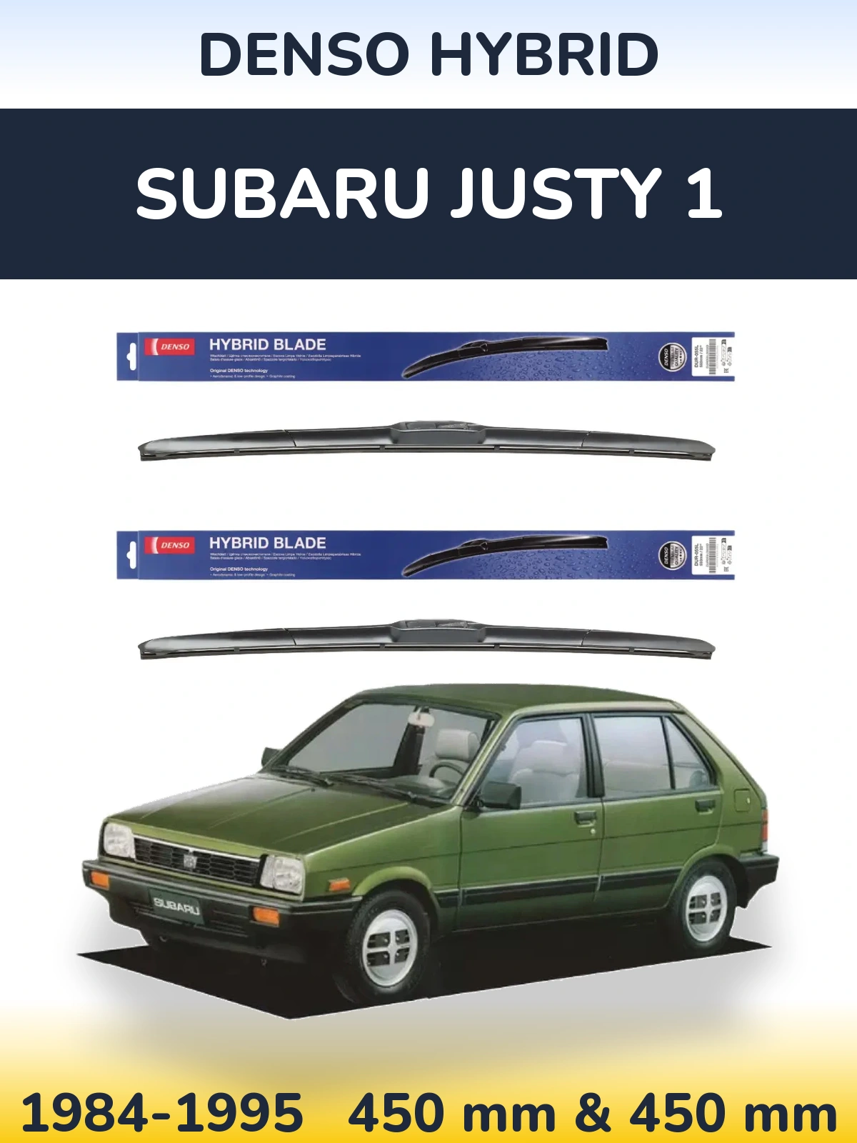 Front wiper blade set Denso Hybrid 450 & 450 mm for Subaru Justy 1 1984-1995