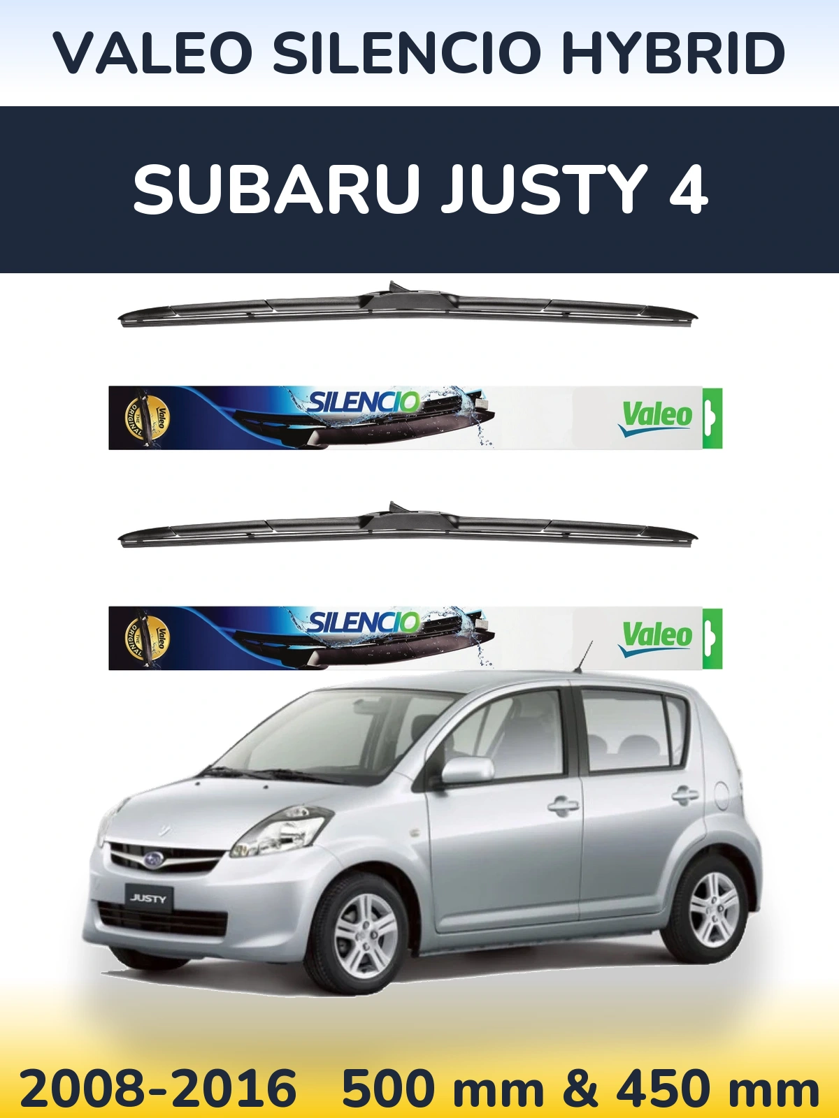 Komplet przednich wycieraczek Valeo Silencio Hybrid 500 & 450 mm do Subaru Justy 4 2008-2016
