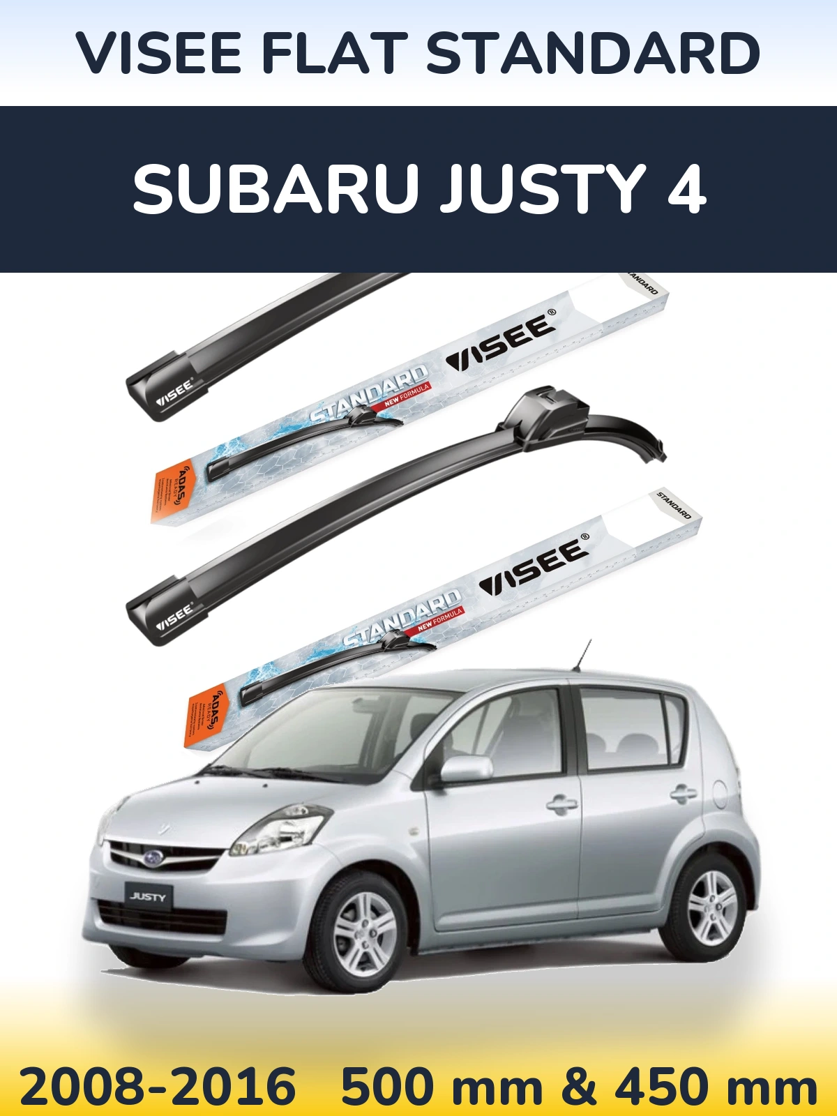 Front wiper blade set VISEE FLAT STANDARD 500 & 450 mm for Subaru Justy 4 2008-2016