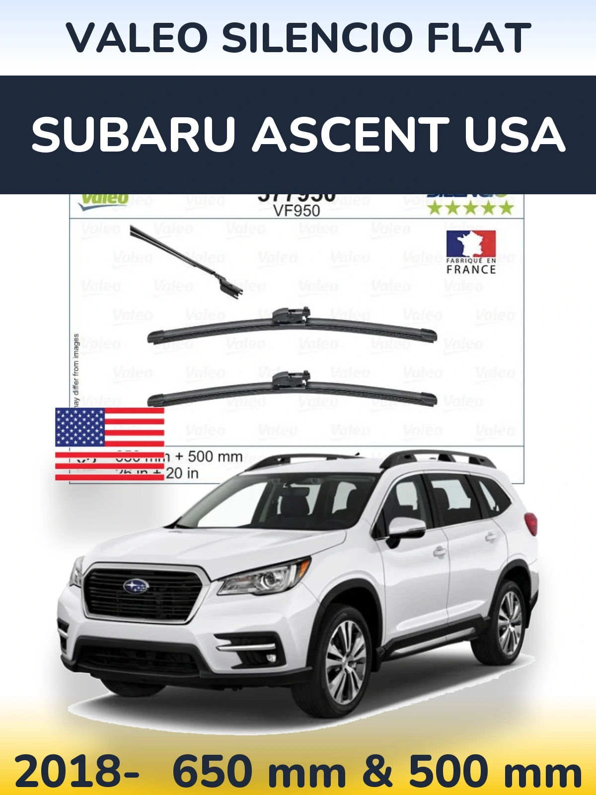 Комплект передних дворников Valeo Silencio Flat 650 & 500 мм для Subaru Ascent USA 2018-2026