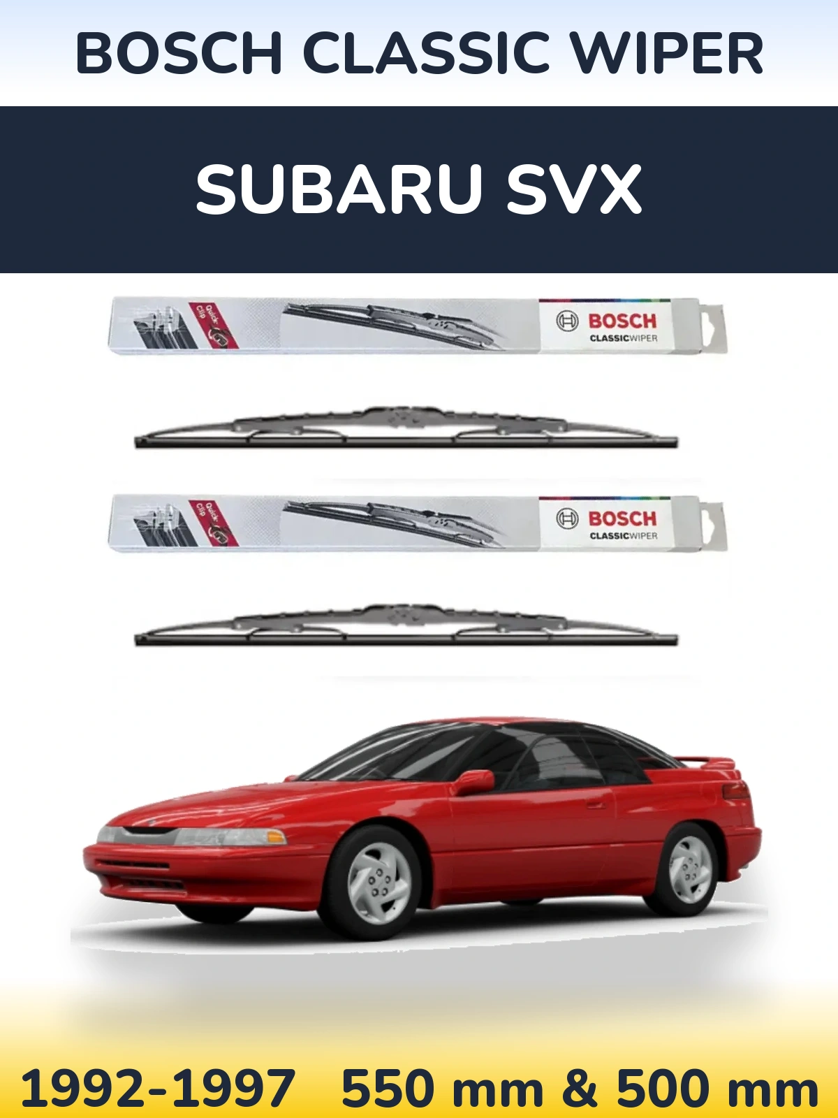 Front wiper blade set BOSCH Classic Wiper 550 & 500 mm for Subaru SVX 1992-1997
