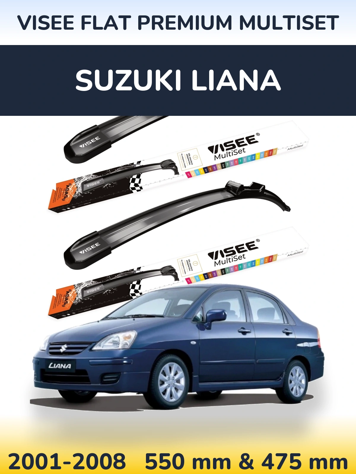 Komplet przednich wycieraczek VISEE FLAT PREMIUM MultiSet 550 & 475 mm do Suzuki Liana 2001-2008