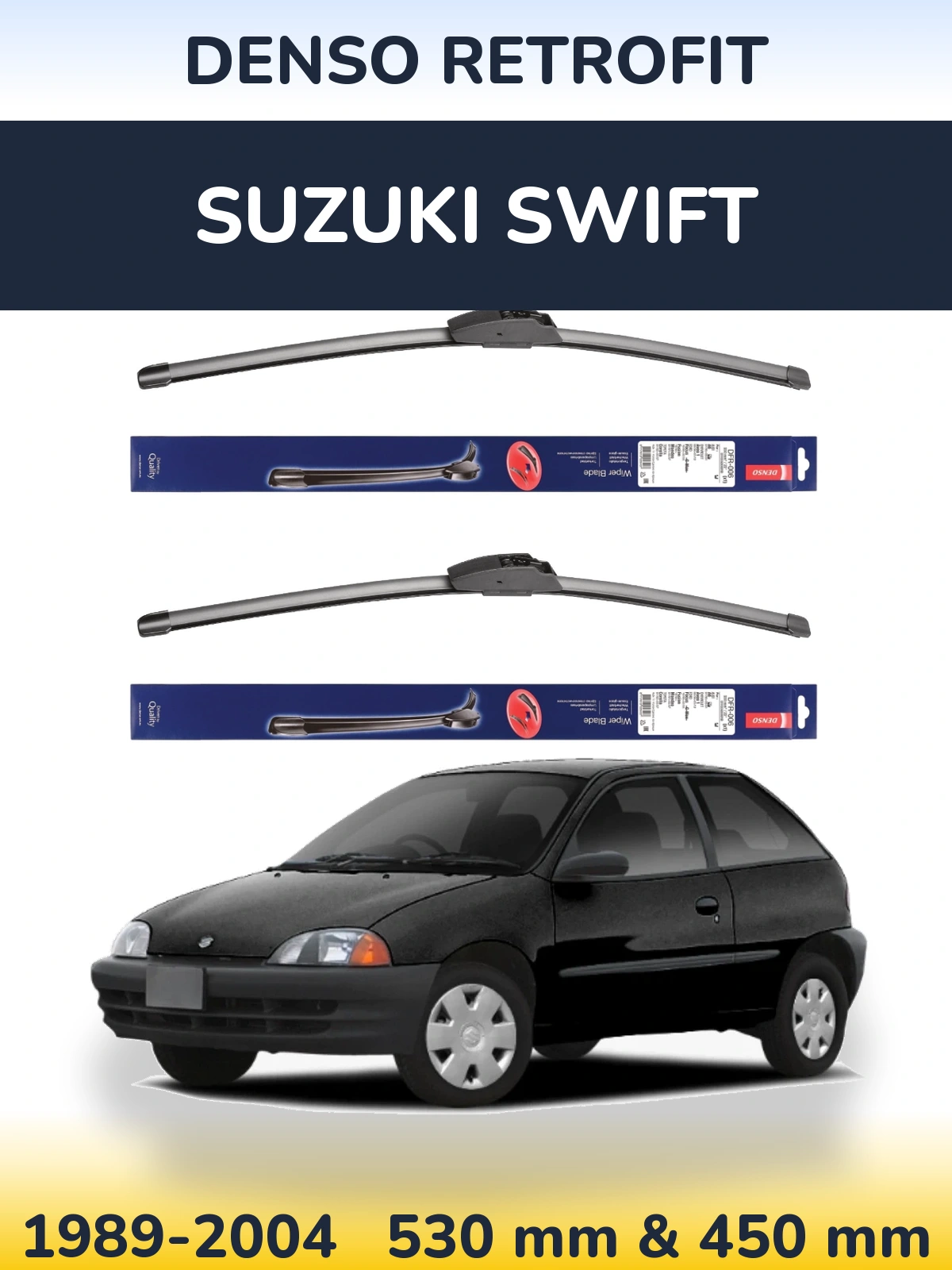 Front wiper blade set Denso Retrofit 530 & 450 mm for Suzuki Swift 1989-2004