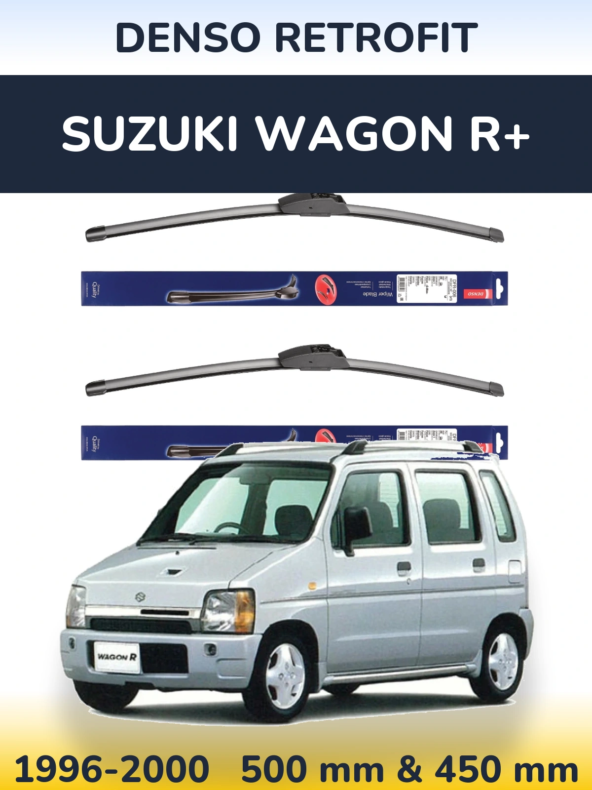 Front wiper blade set Denso Retrofit 500 & 450 mm for Suzuki Wagon R+ 1996-2000