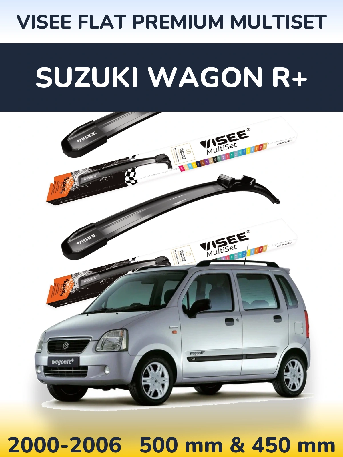 Front wiper blade set VISEE FLAT PREMIUM MultiSet 500 & 450 mm for Suzuki Wagon R+ 2000-2006
