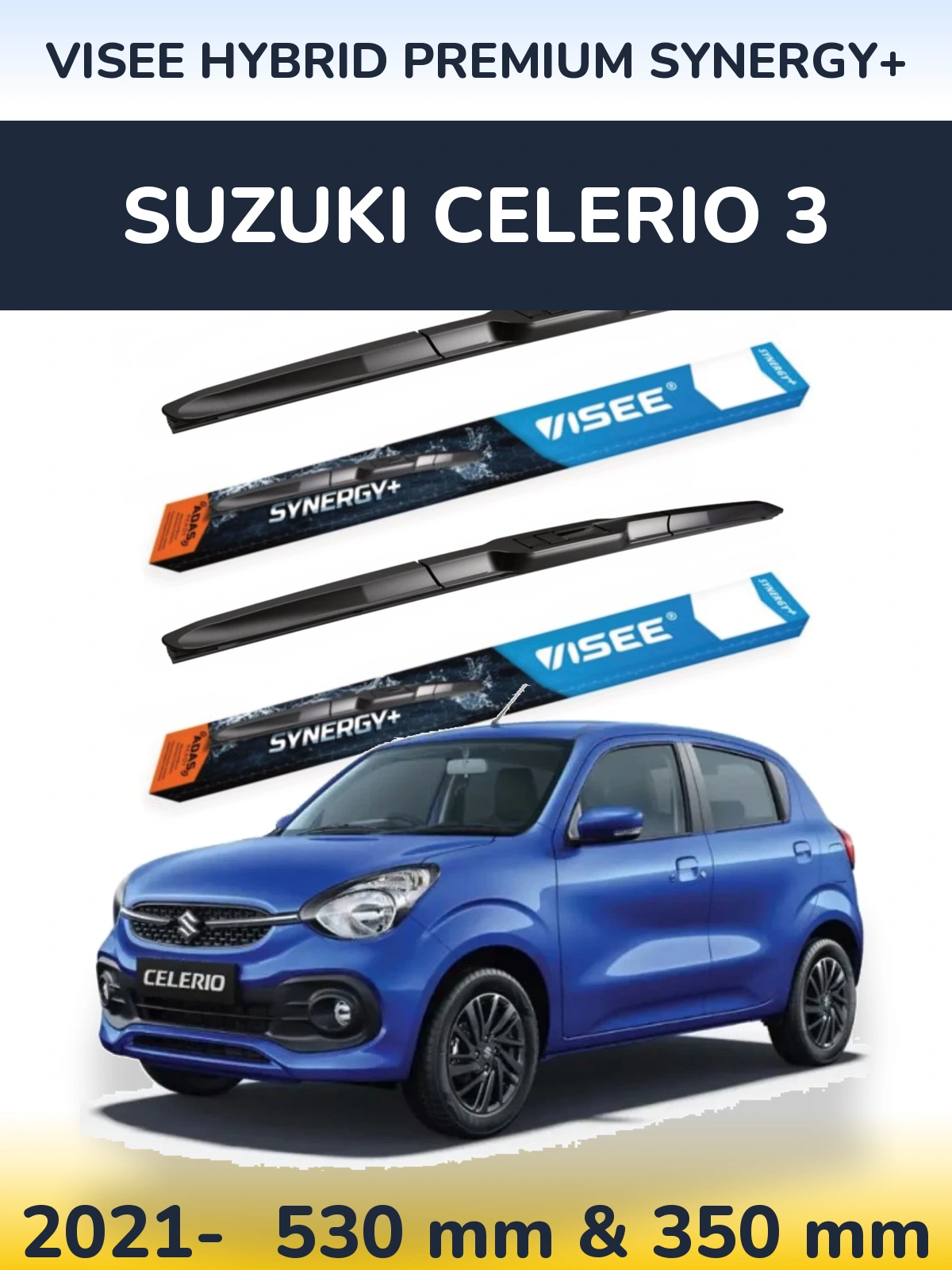 Front wiper blade set VISEE HYBRID PREMIUM SYNERGY+ 530 & 350 mm for Suzuki Celerio 3 2021-2026