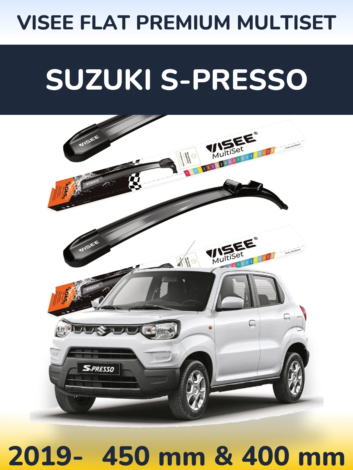 Komplet przednich wycieraczek VISEE FLAT PREMIUM MultiSet 450 & 400 mm do Suzuki S-Presso 2019-2026
