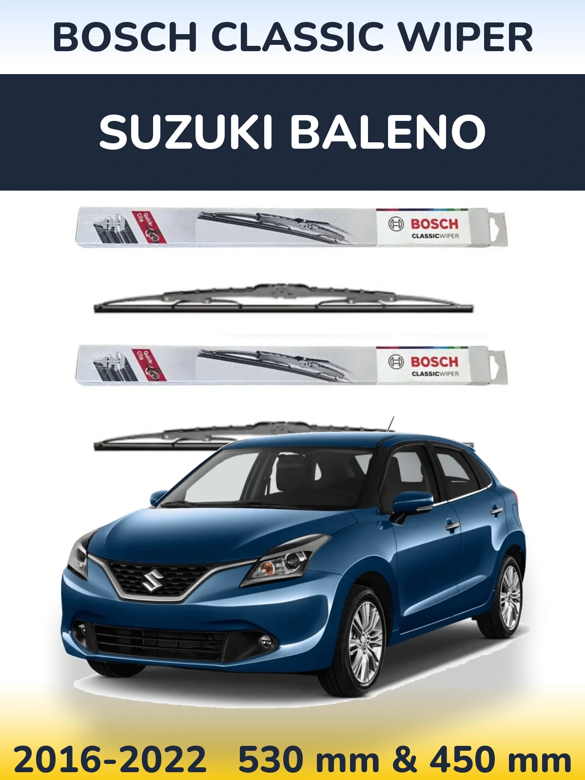 Комплект передних дворников BOSCH Classic Wiper 530 & 450 мм для Suzuki Baleno 2016-2022
