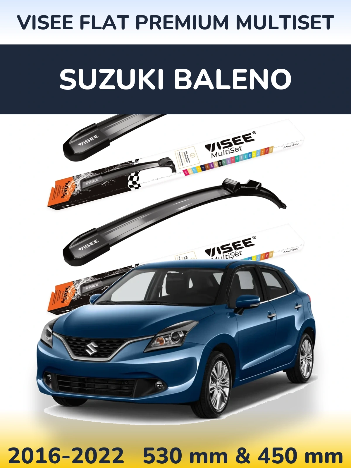 Komplet przednich wycieraczek VISEE FLAT PREMIUM MultiSet 530 & 450 mm do Suzuki Baleno 2016-2022